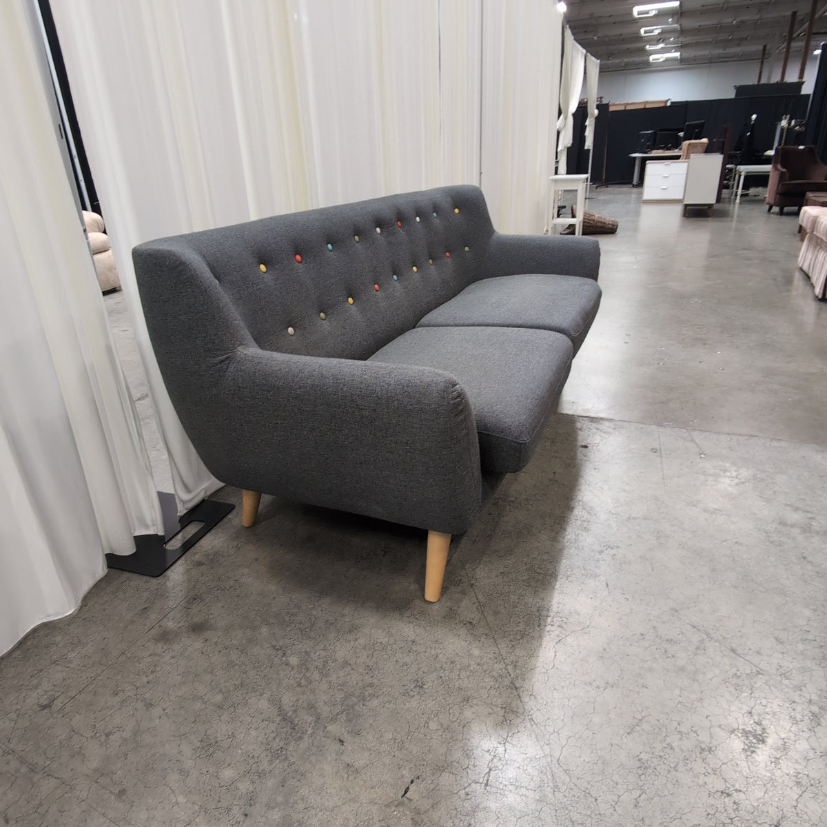Mid-Century Gray Fabric Couch with Colorful Buttons
