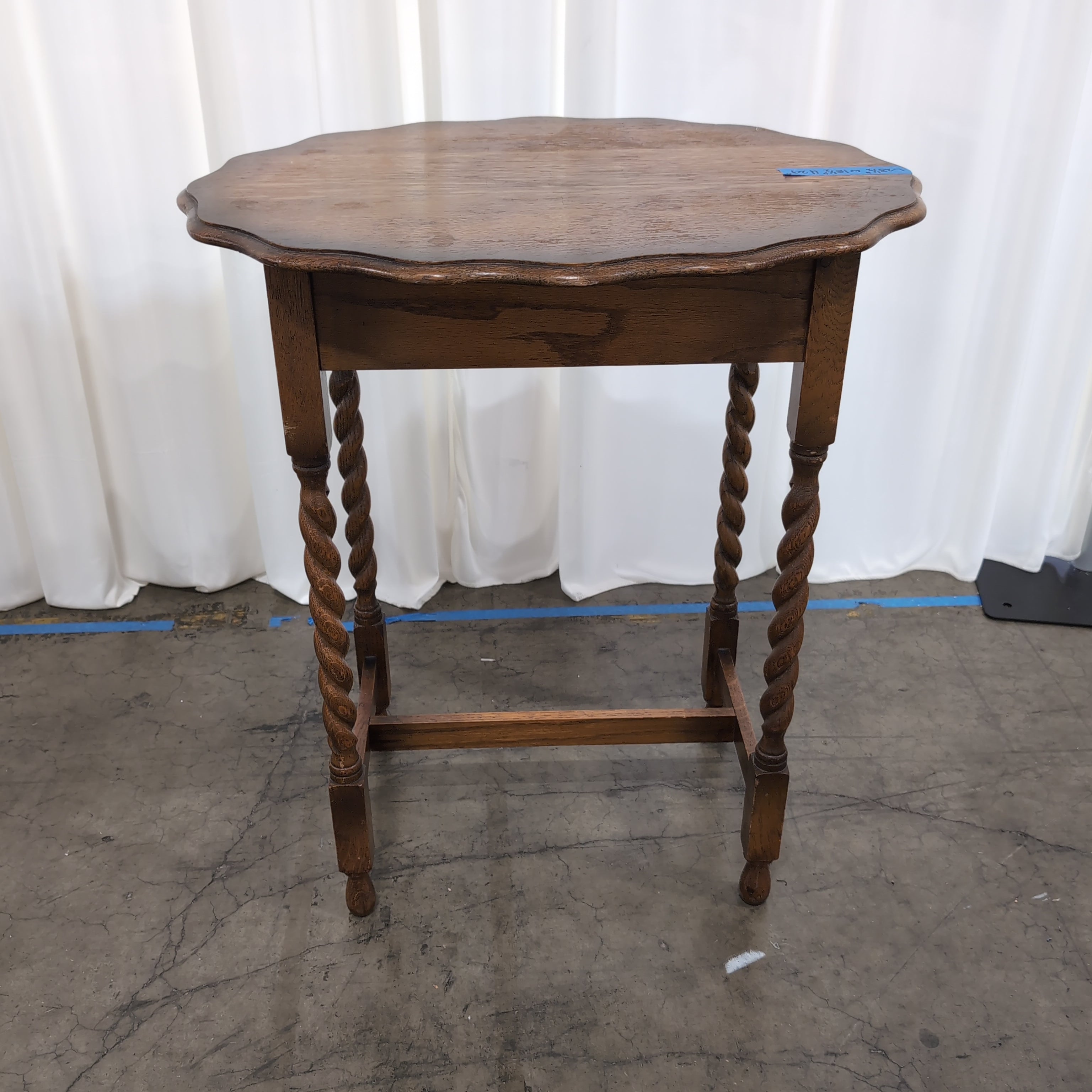 Vintage Scalloped Top Wood End Table with Barley Twist Legs
