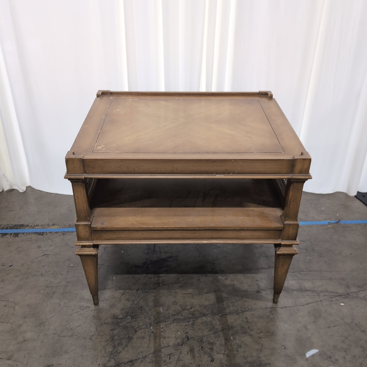Brown Wood Two-Tier End Table with Cane Sides