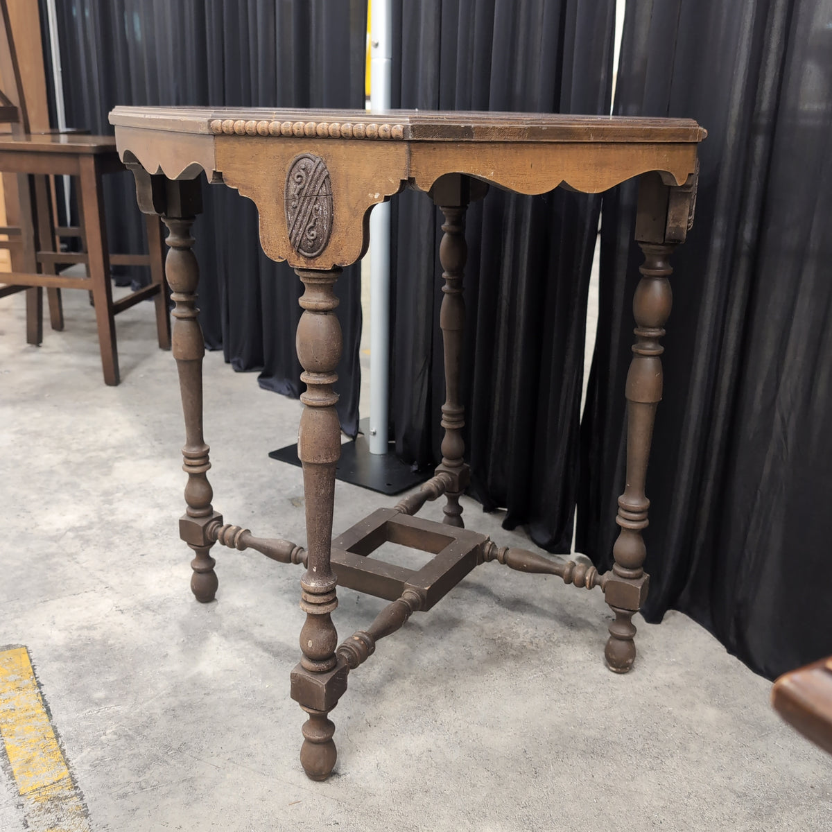 Carved Wood Hexagonal End Table with Turned Legs