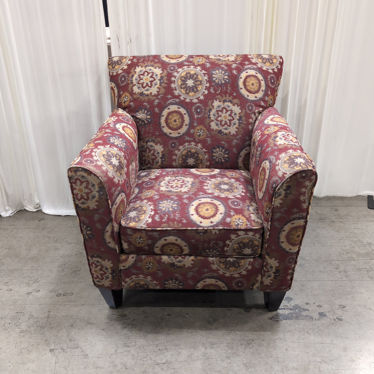 Burgundy Medallion Pattern Armchair with Rolled Arms