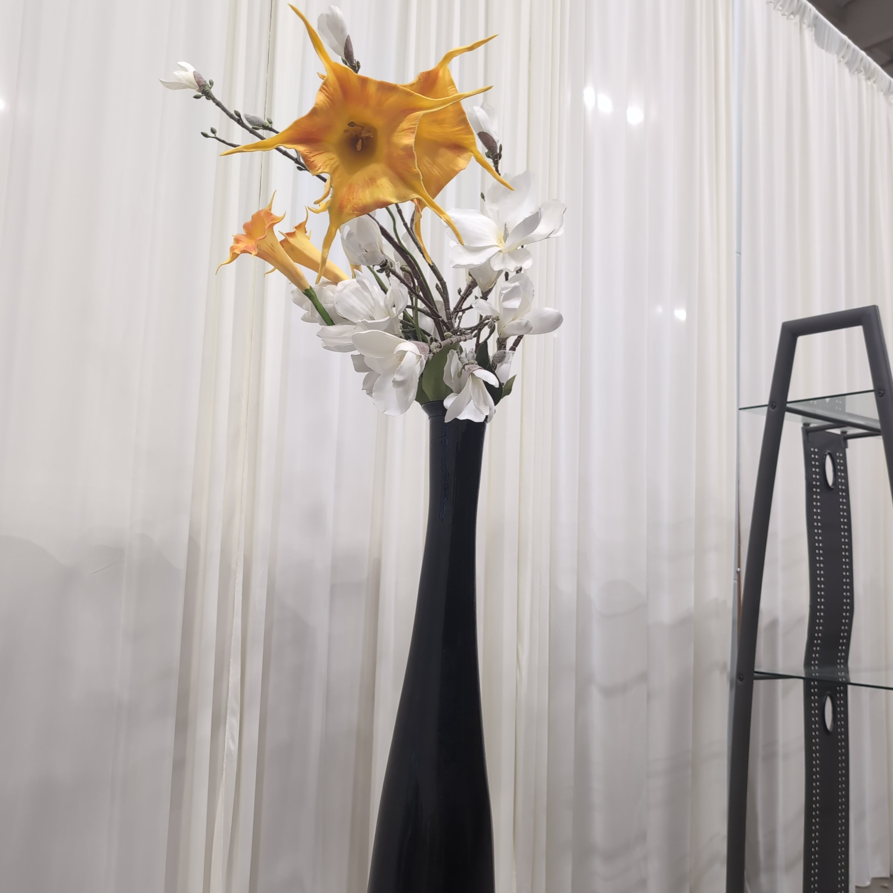 Tall Black Ceramic Vase with Artificial Flowers