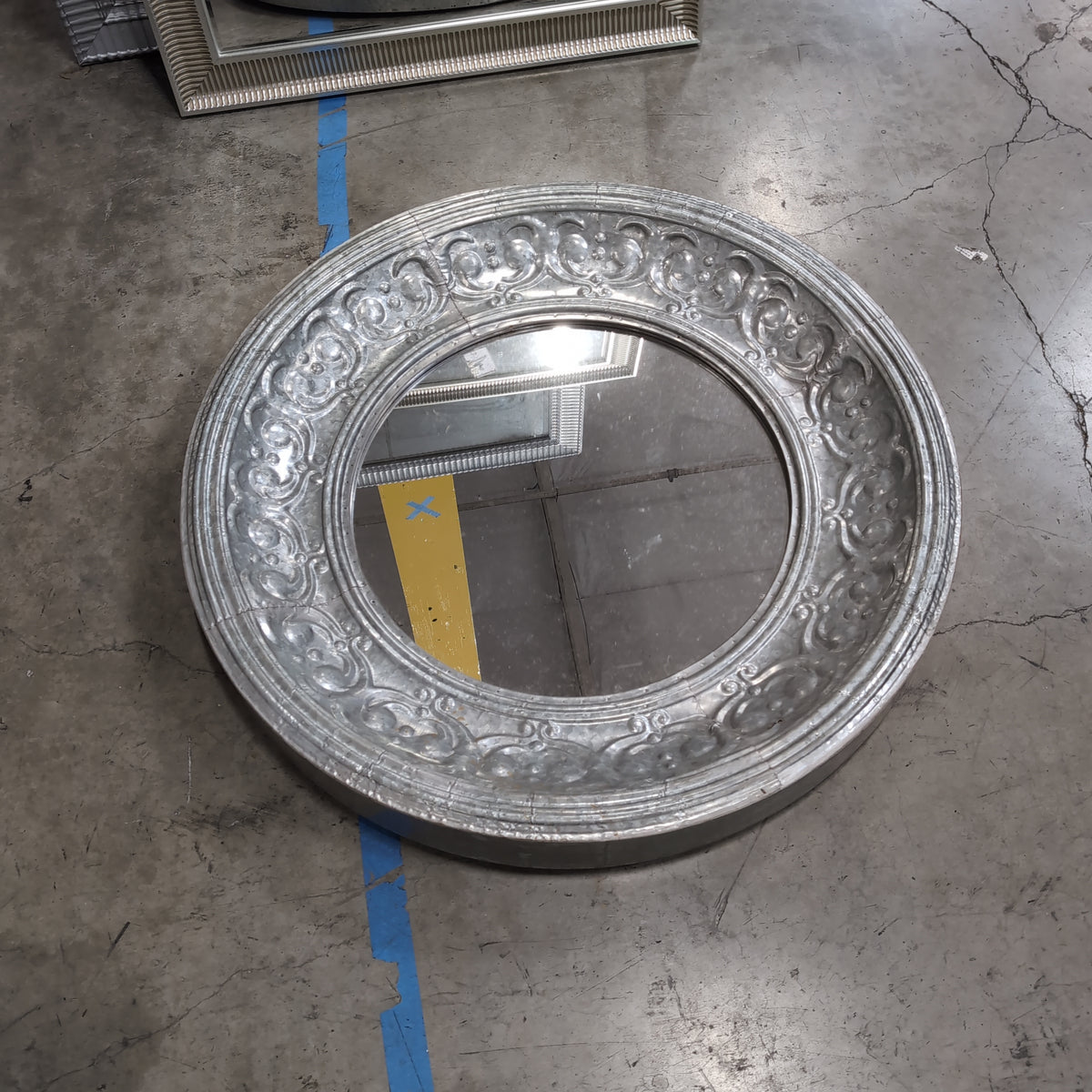 Ornate Silver Round Wall Mirror with Decorative Frame