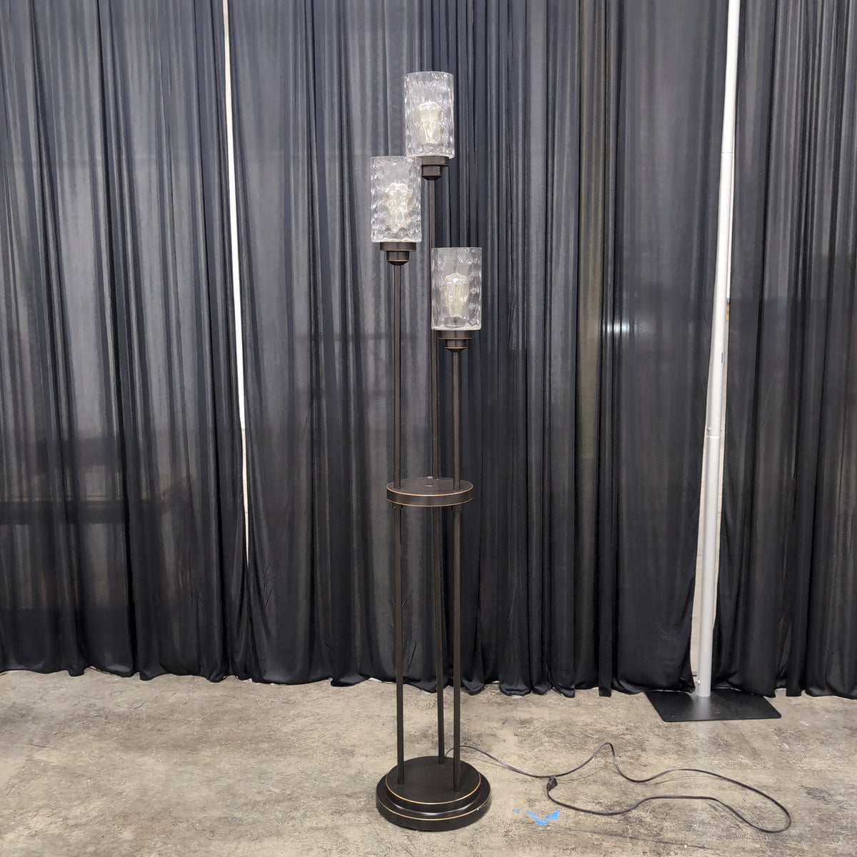 Dark Bronze Three-Light Floor Lamp with Textured Glass Shades