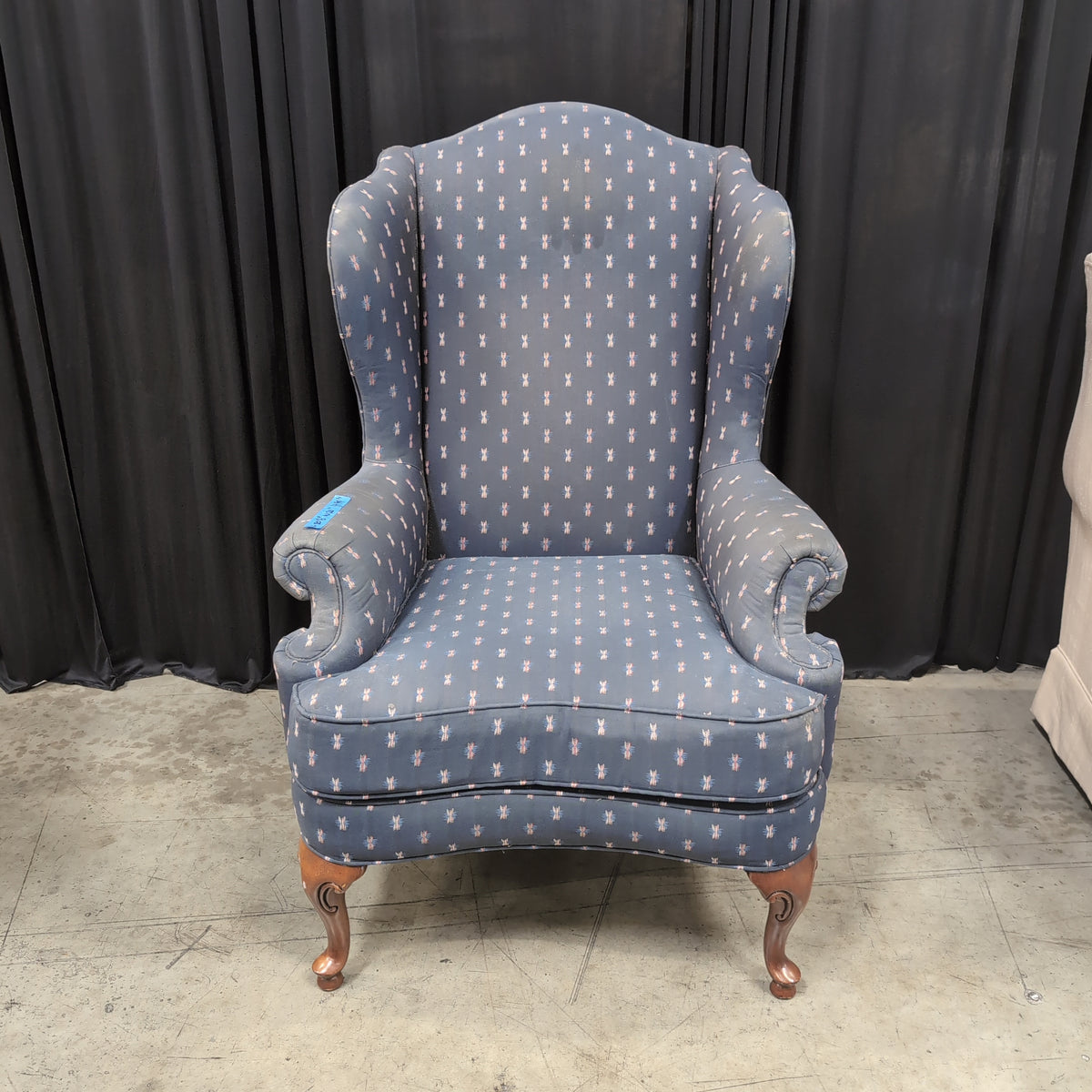 Blue Patterned Wingback Chair with Cabriole Legs
