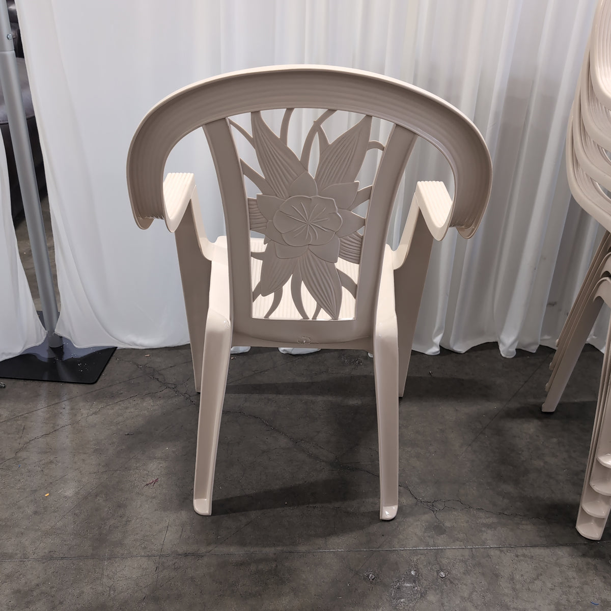Set of Six White Plastic Stackable Outdoor Chair with Floral Backrest