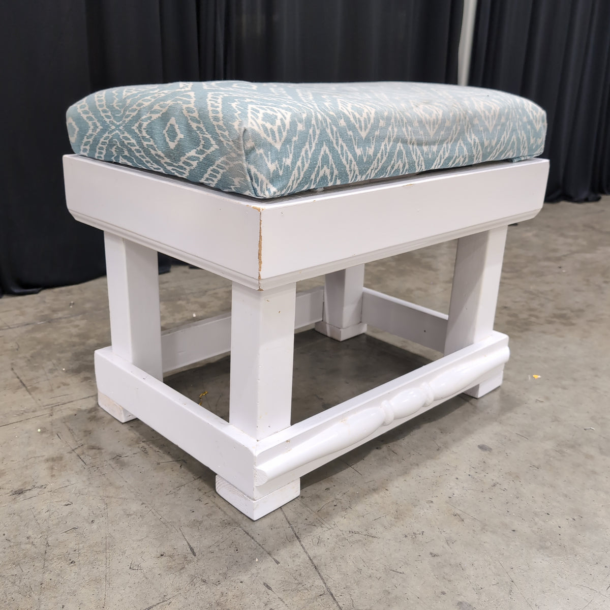 White Wood Ottoman with Patterned Cushion