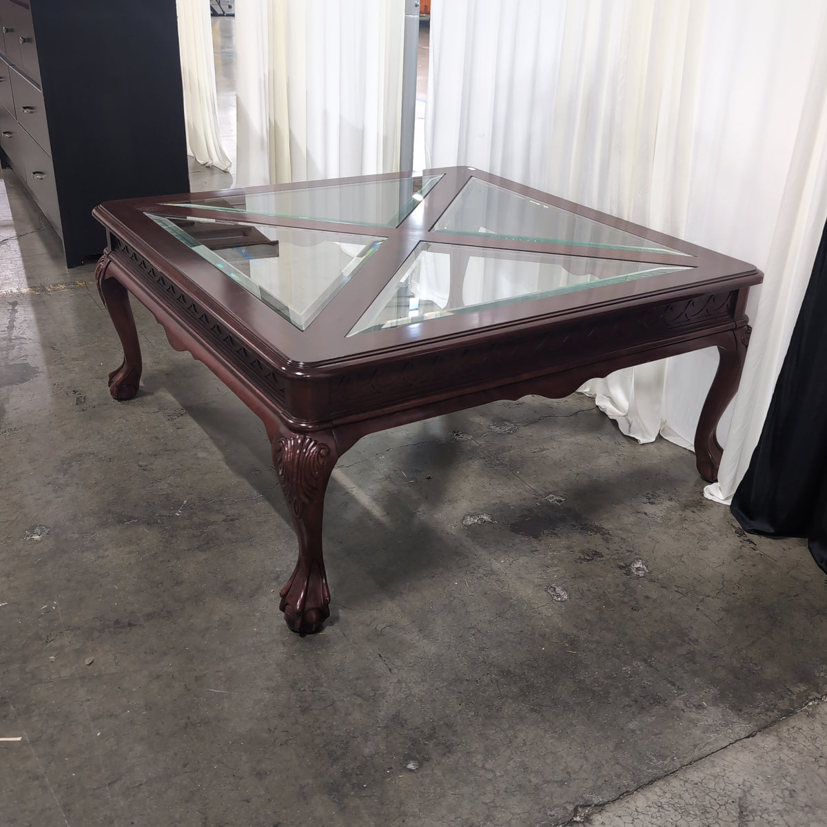 Traditional Dark Wood Square Coffee Table with Glass Top