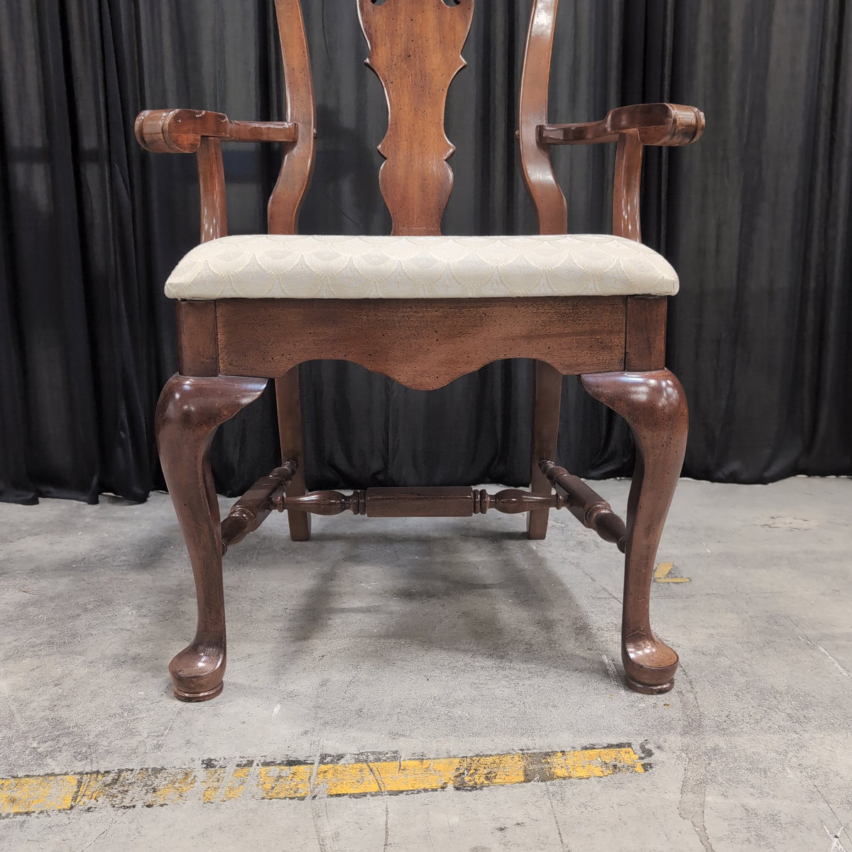 Queen Anne Style Upholstered Dining Armchair in Dark Wood