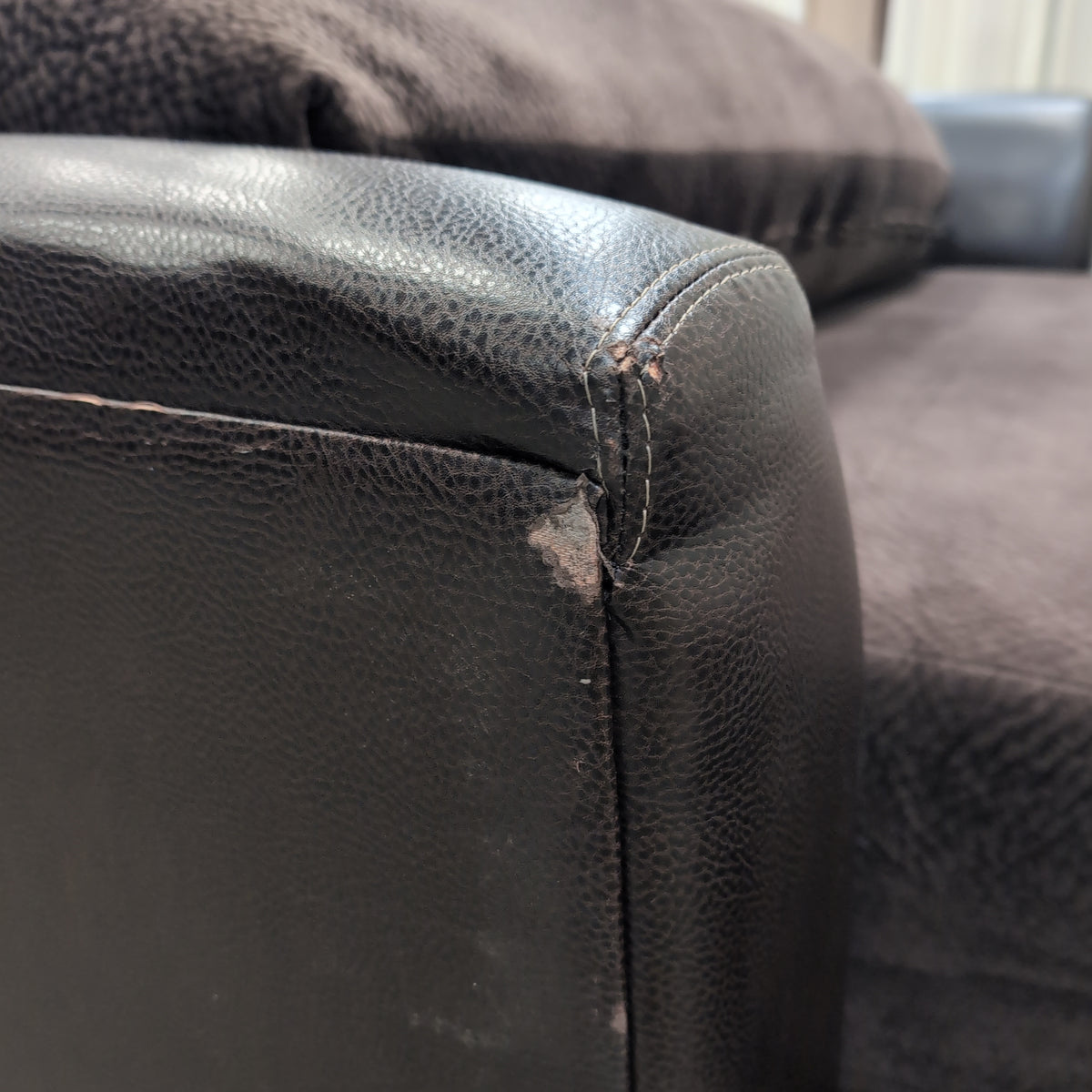 Contemporary Dark Brown Fabric Couch with Faux Leather Arms