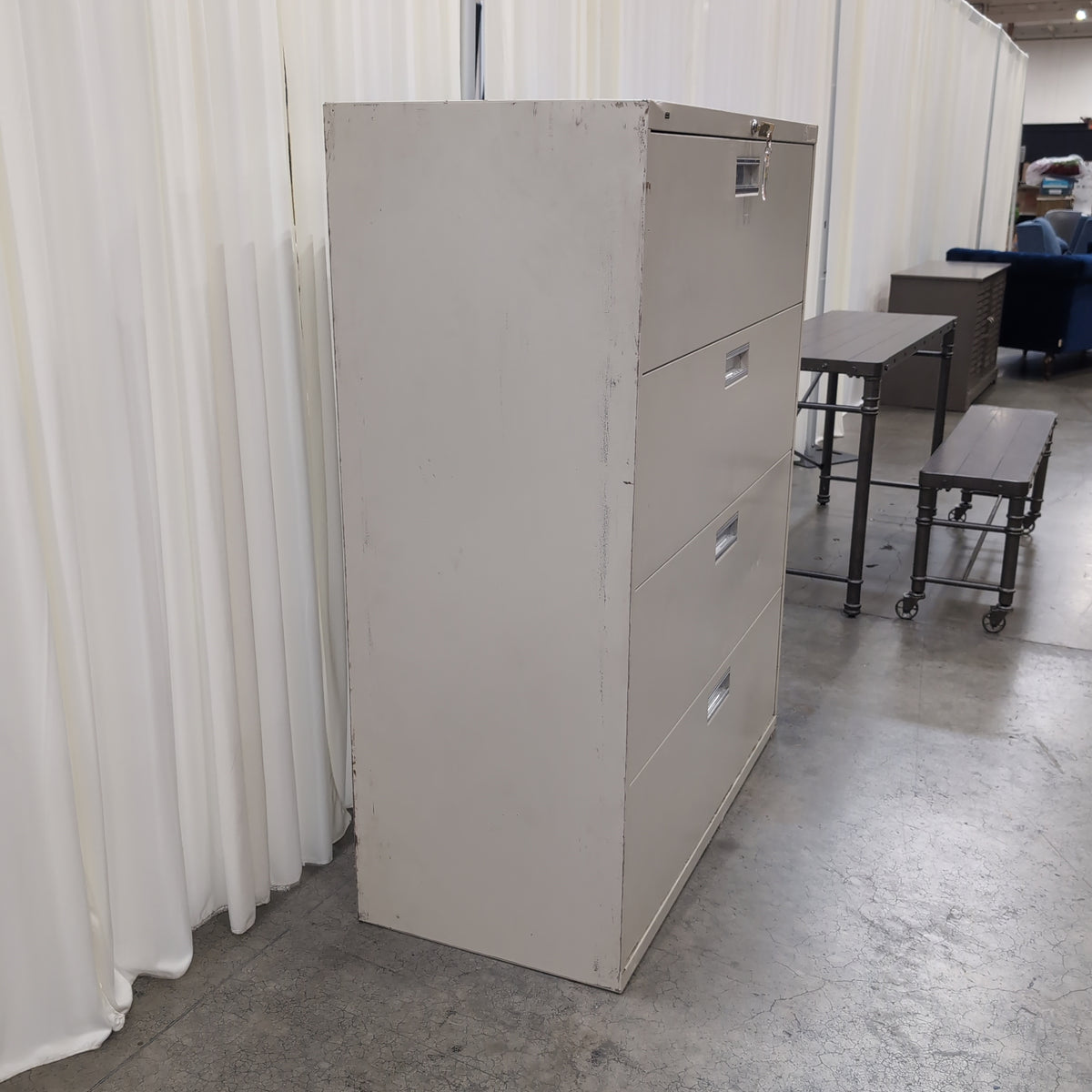 Grey Metal Four-Drawer Filing Cabinet with Lock