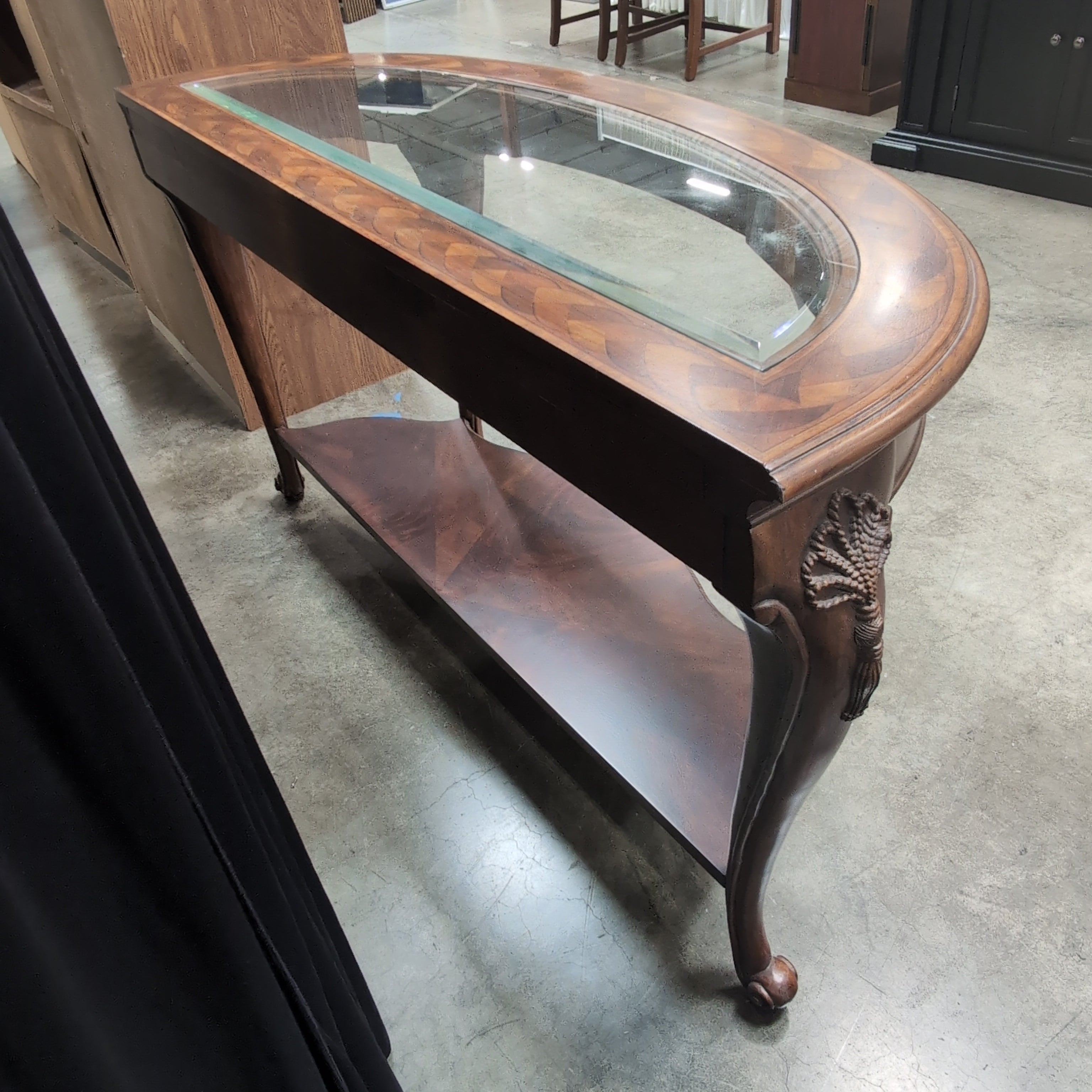 Traditional Dark Wood Console Table with Glass Top