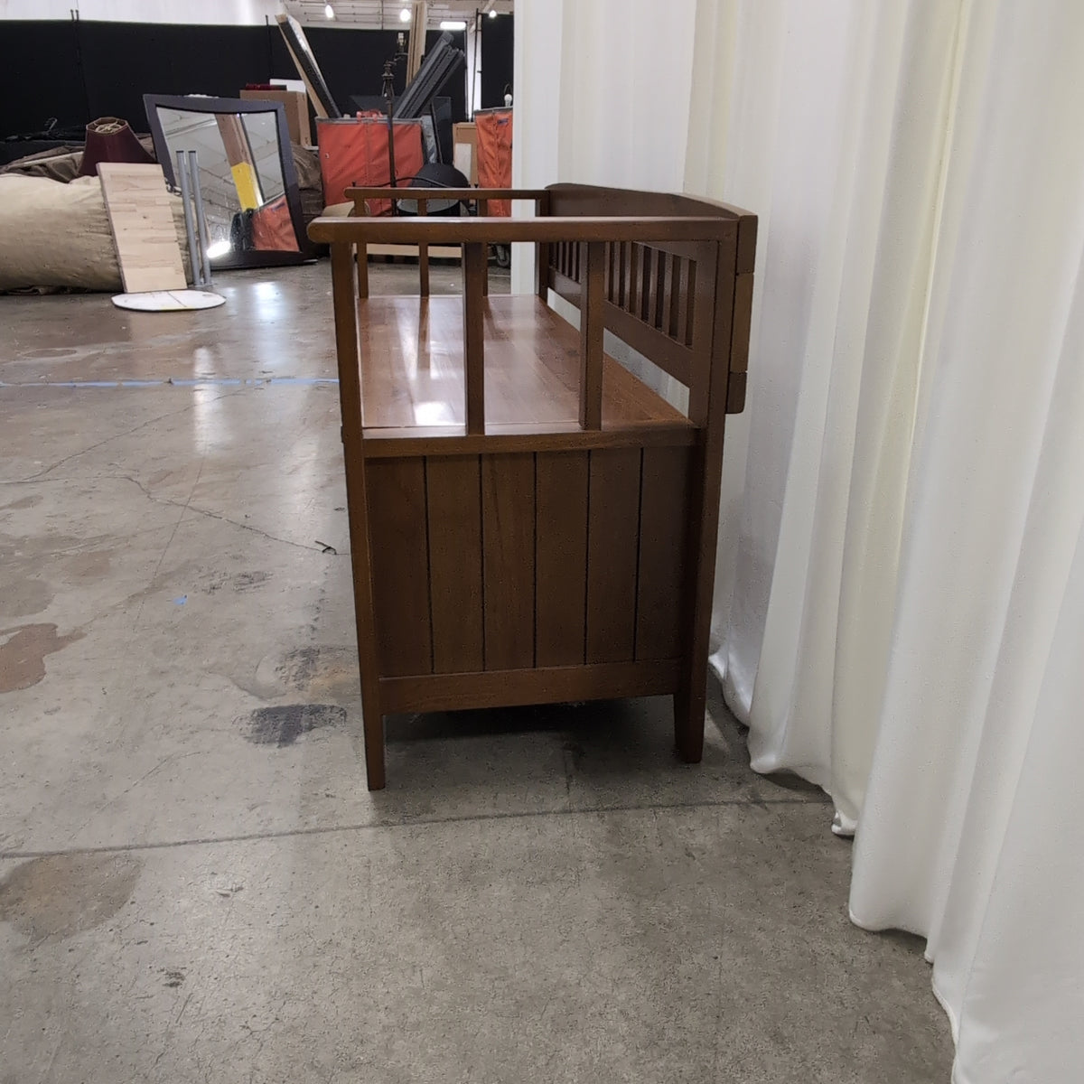 Medium Brown Wood Storage Bench with Slatted Back