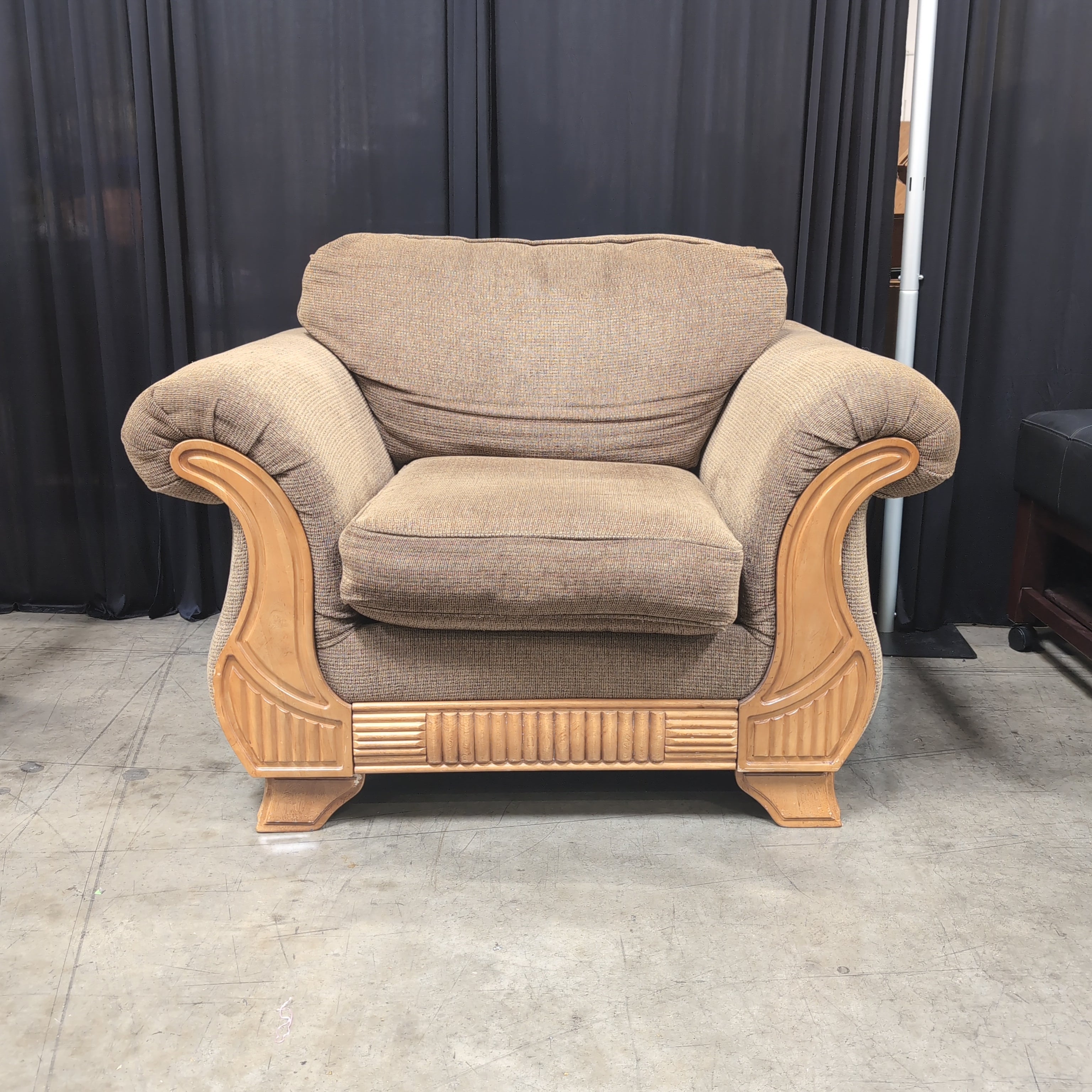Brown Textured Fabric Armchair with Wood Accents