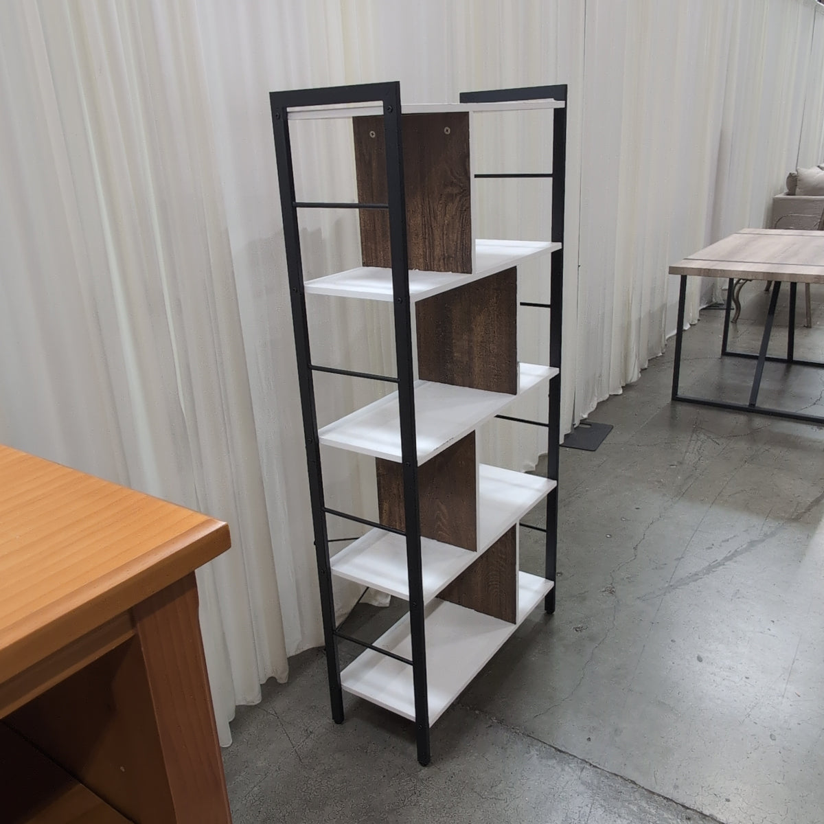 Geometric Black Metal Five-Tier Bookcase with White Shelves