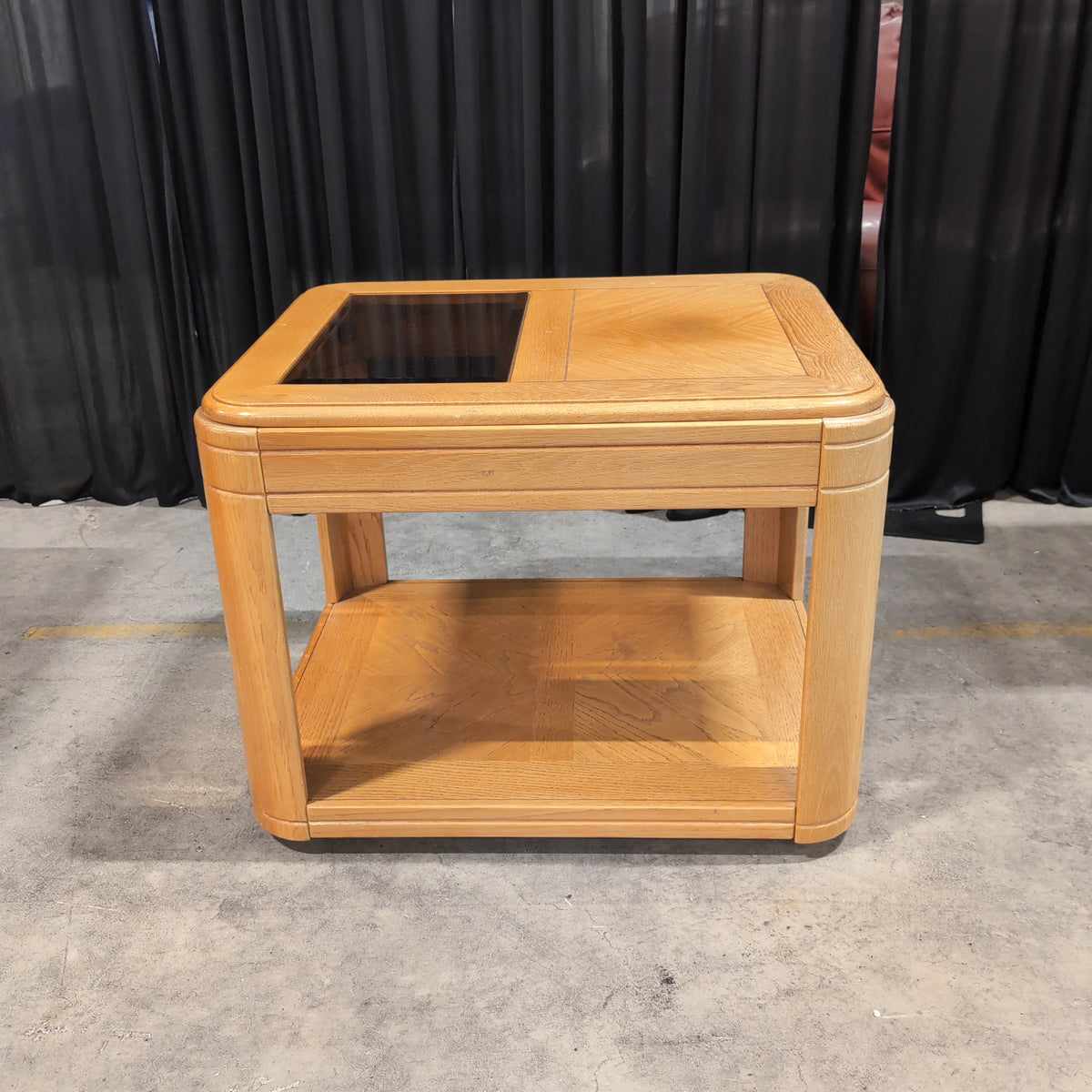 Traditional Light Oak Square End Table with Glass Top