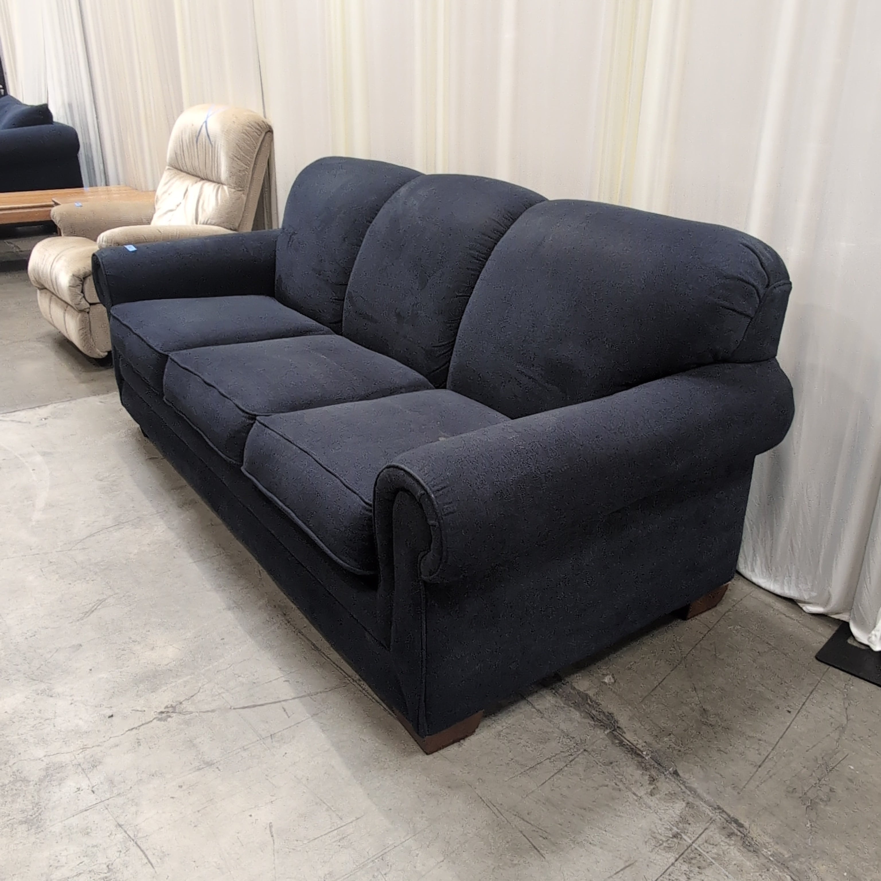 Navy Three-Cushion Rolled Arm Couch
