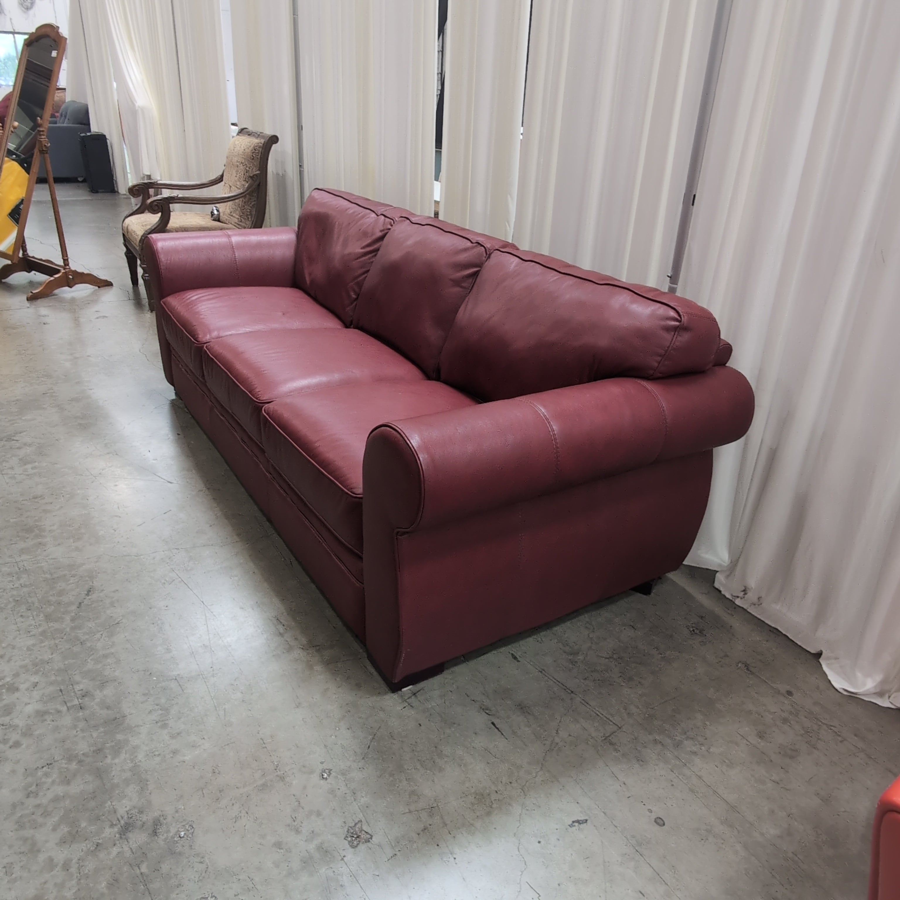 Burgundy Rolled Arm Three-Cushion Couch in Leather