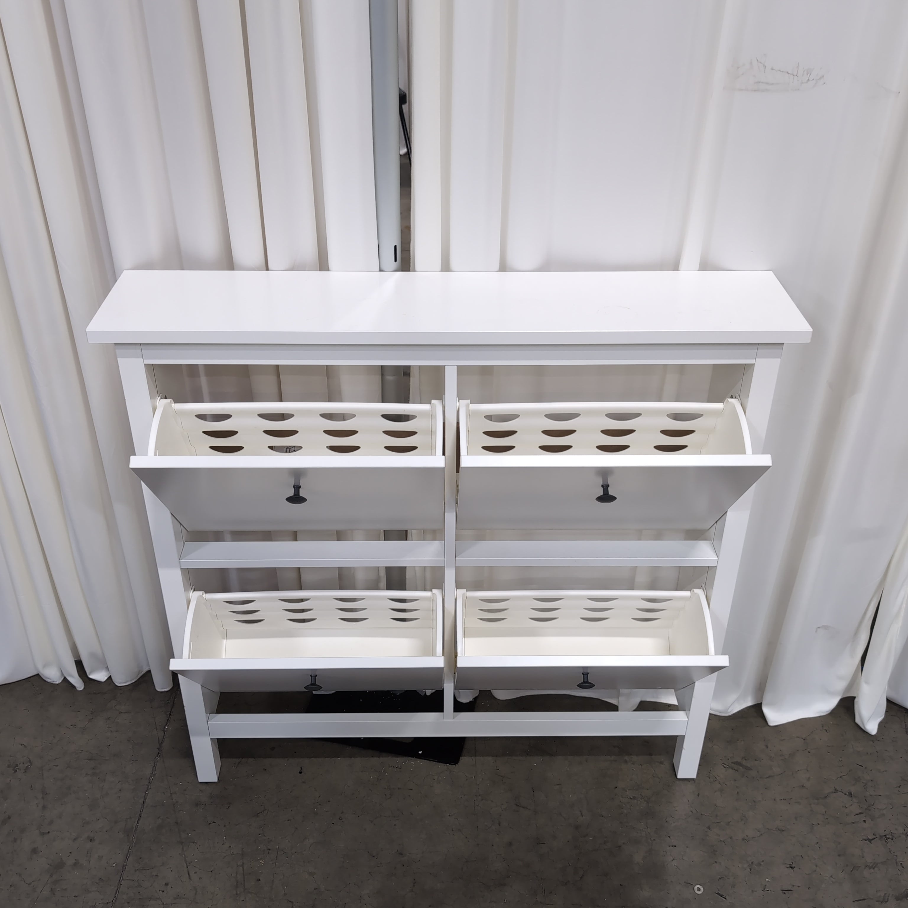 White Four-Compartment Shoe Cabinet with Black Handles