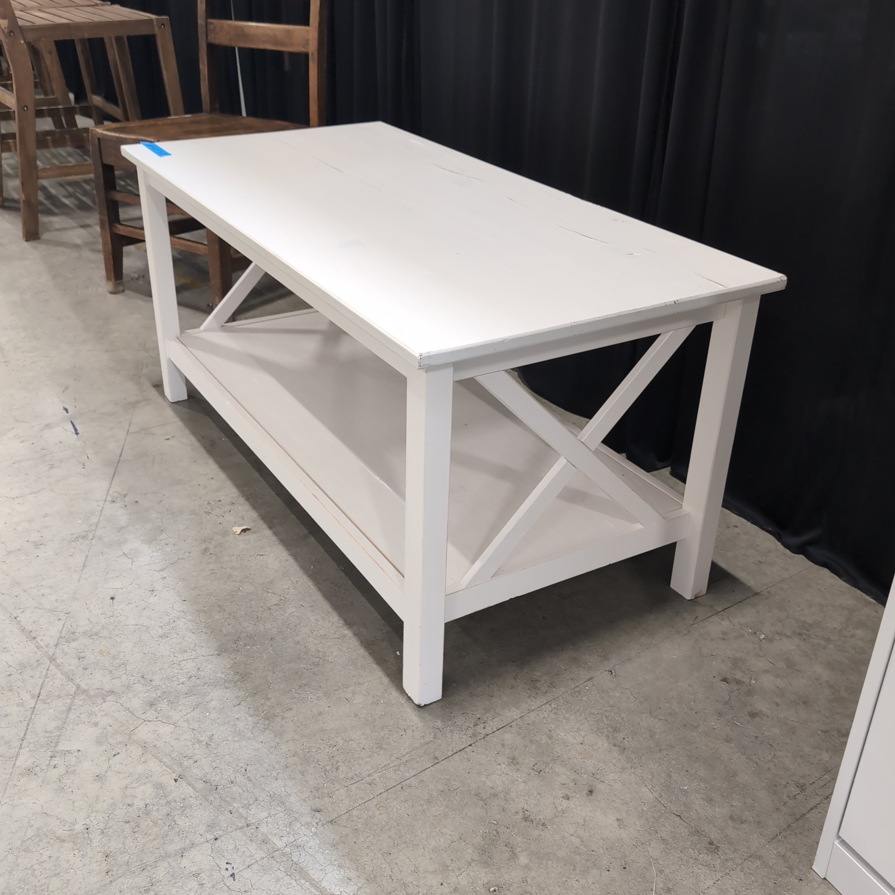 White Farmhouse Style Coffee Table with Lower Shelf