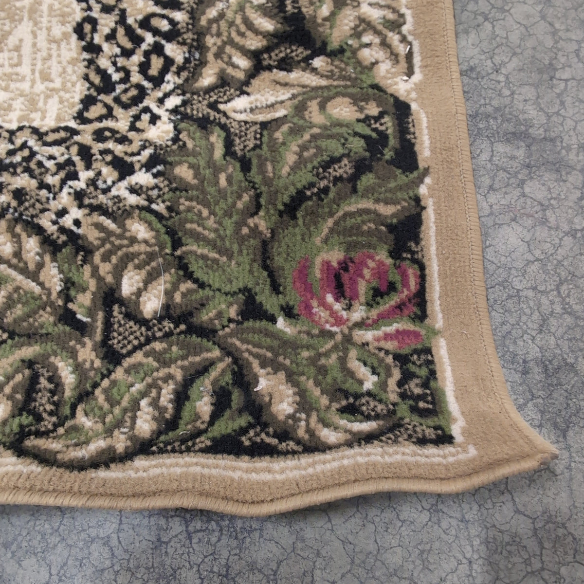Traditional Beige Floral and Leopard Print Border Area Rug