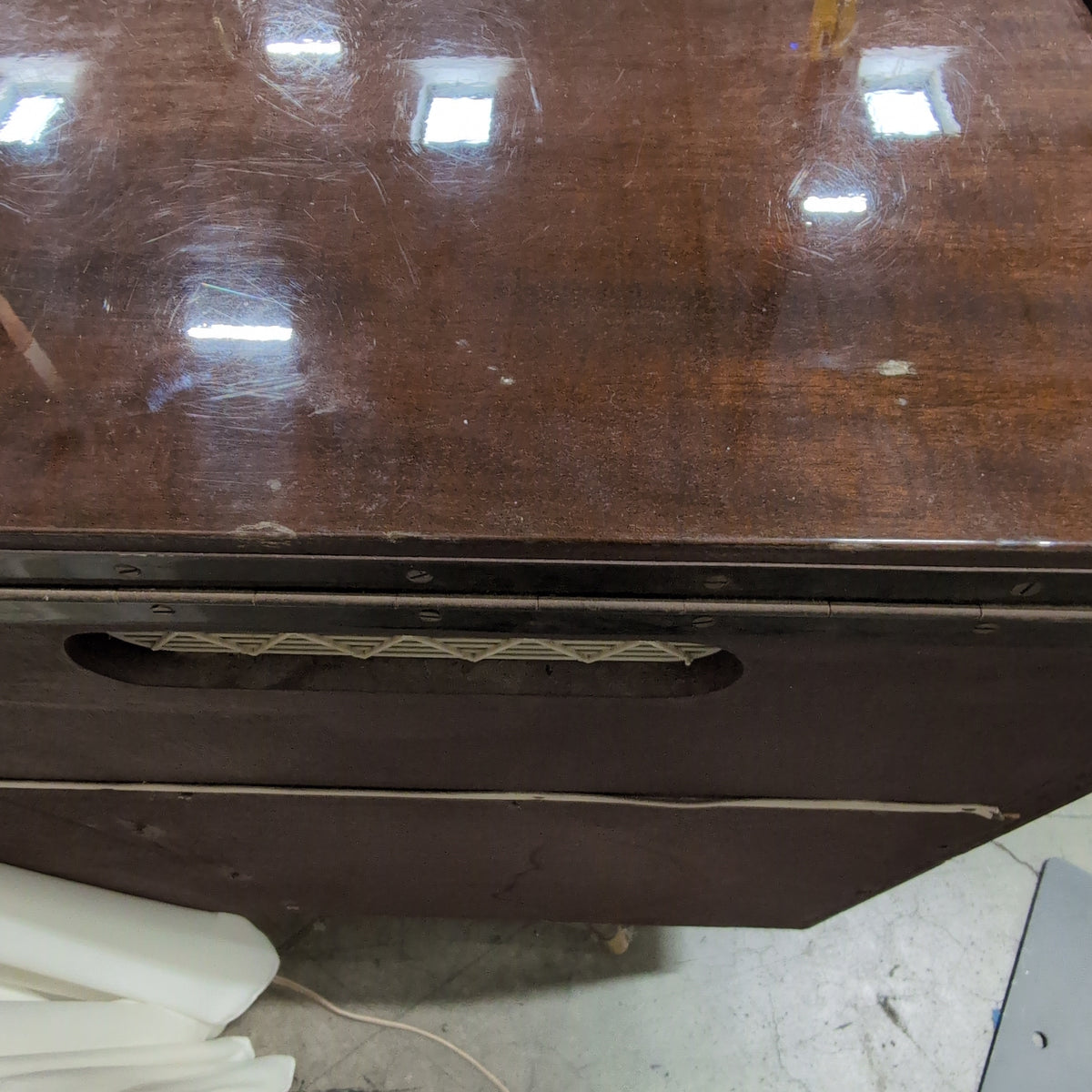 Mid-Century Dark Wood Stereo Console with Woven Grilles