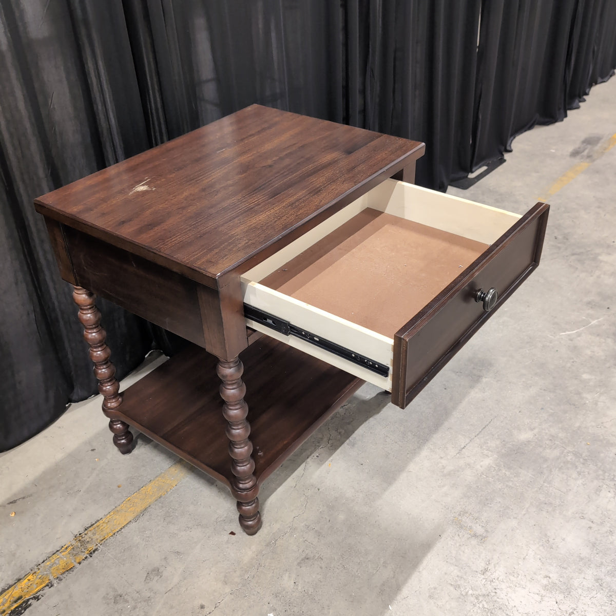 Dark Wood Single Drawer Nightstand with Bobbin Legs