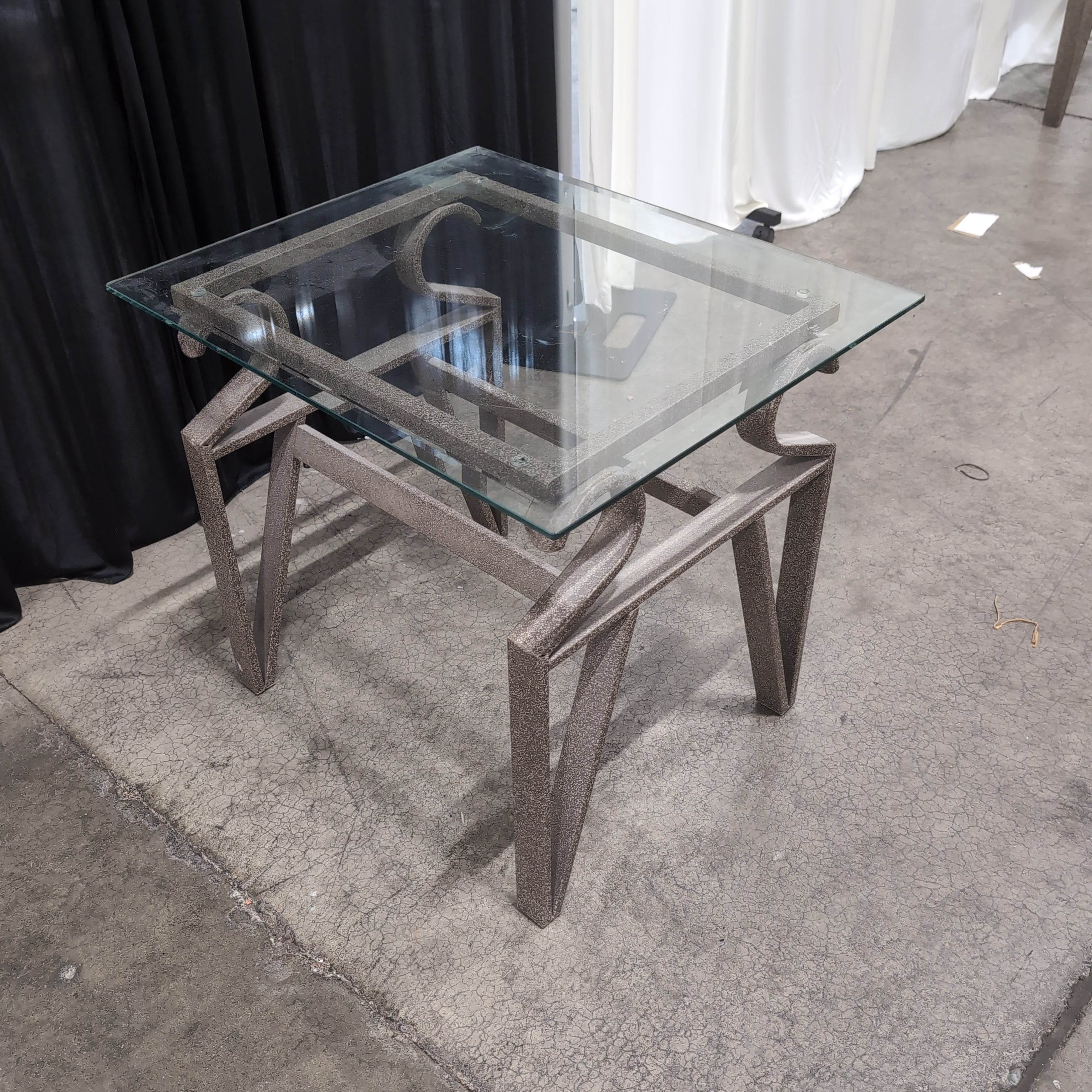 Industrial Style Metal End Table with Glass Top