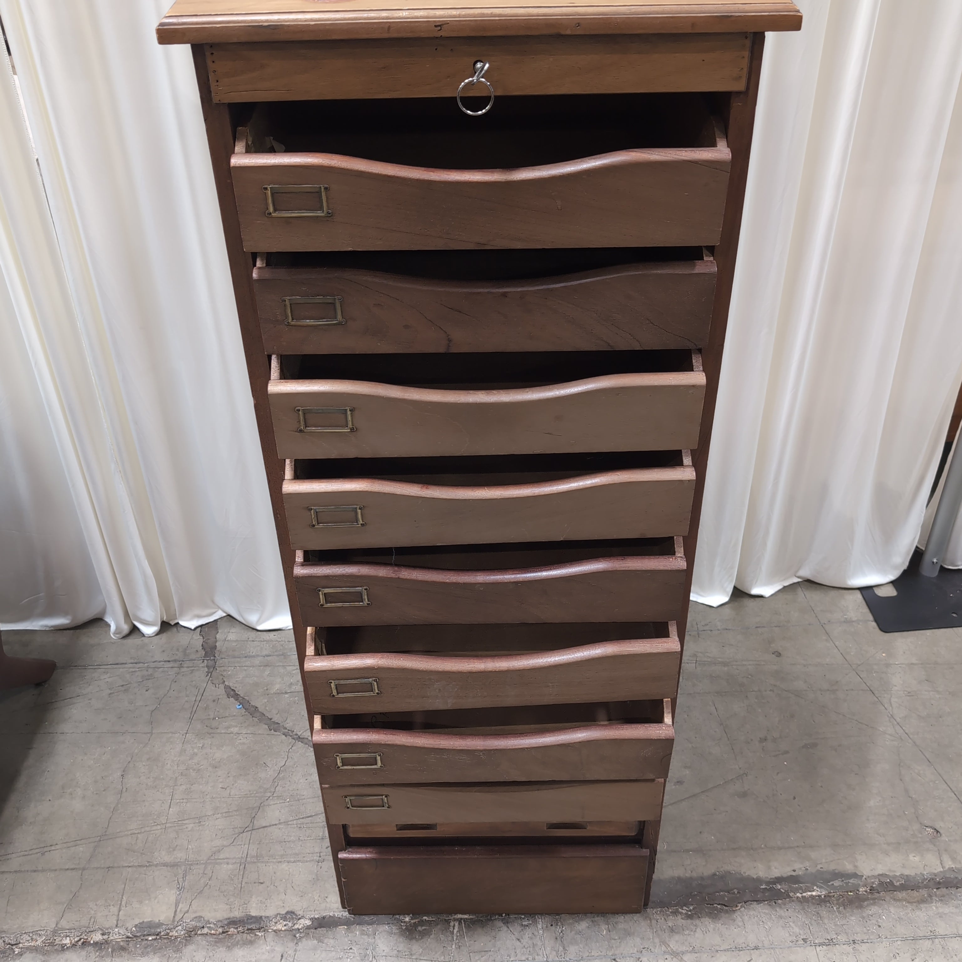 Medium Brown Wood Roll-Top Cabinet with Single Drawer