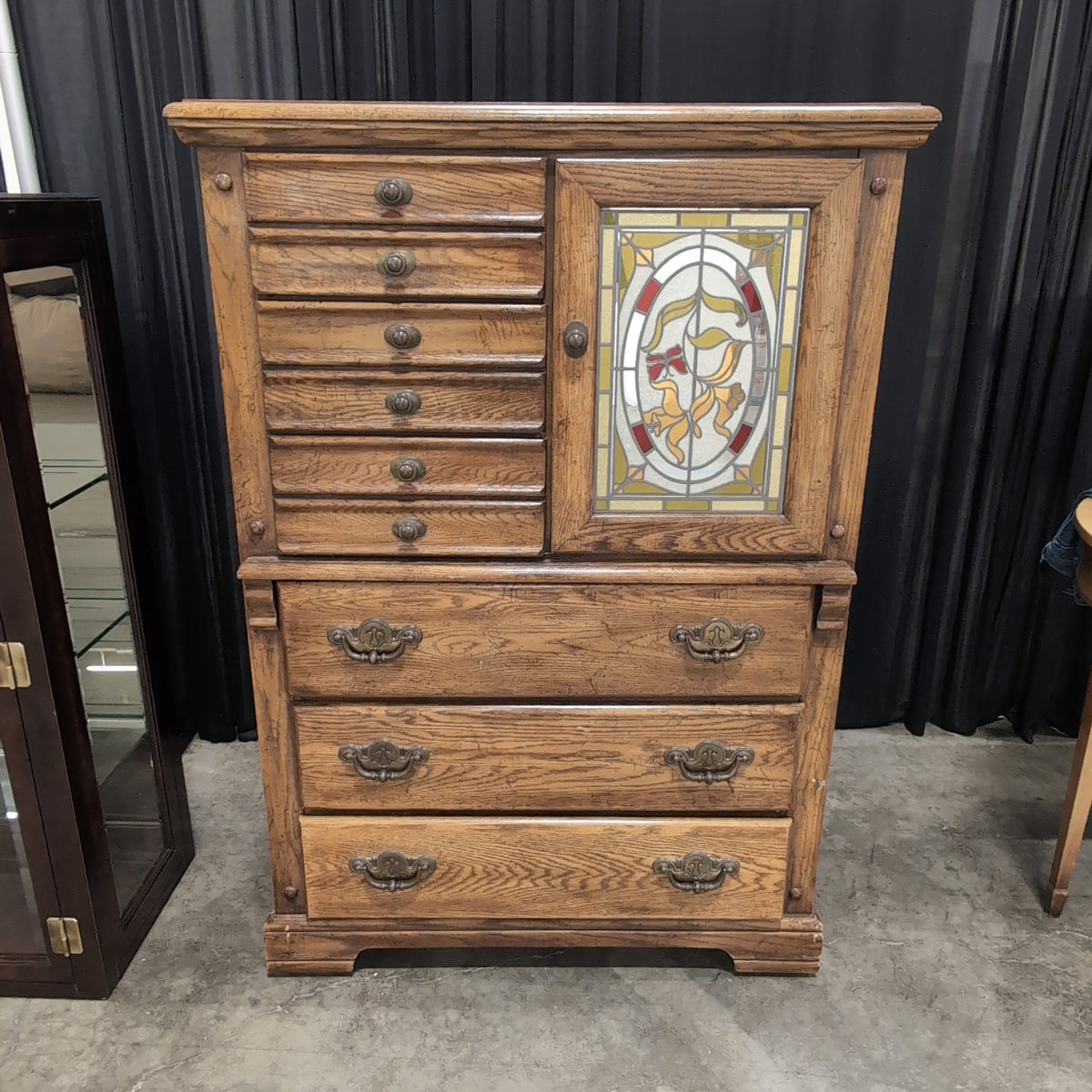 Oak Hardwood Dresser with Stained Glass Door