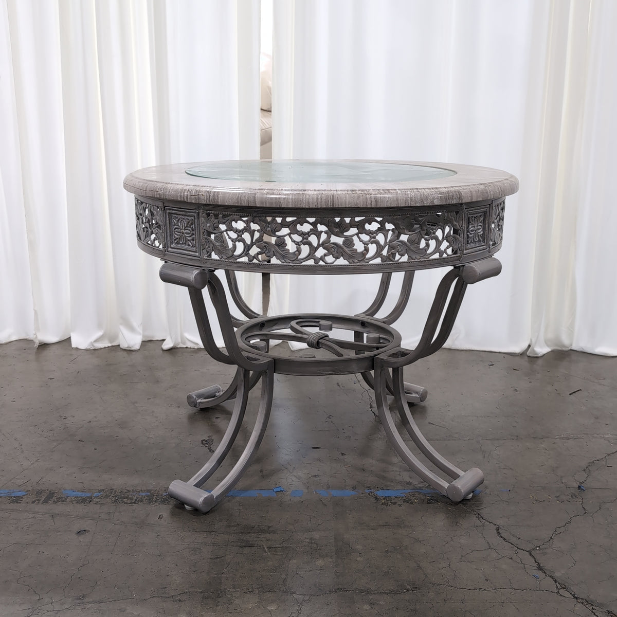 Grey Stone Top Round End Table with Ornate Metal Base