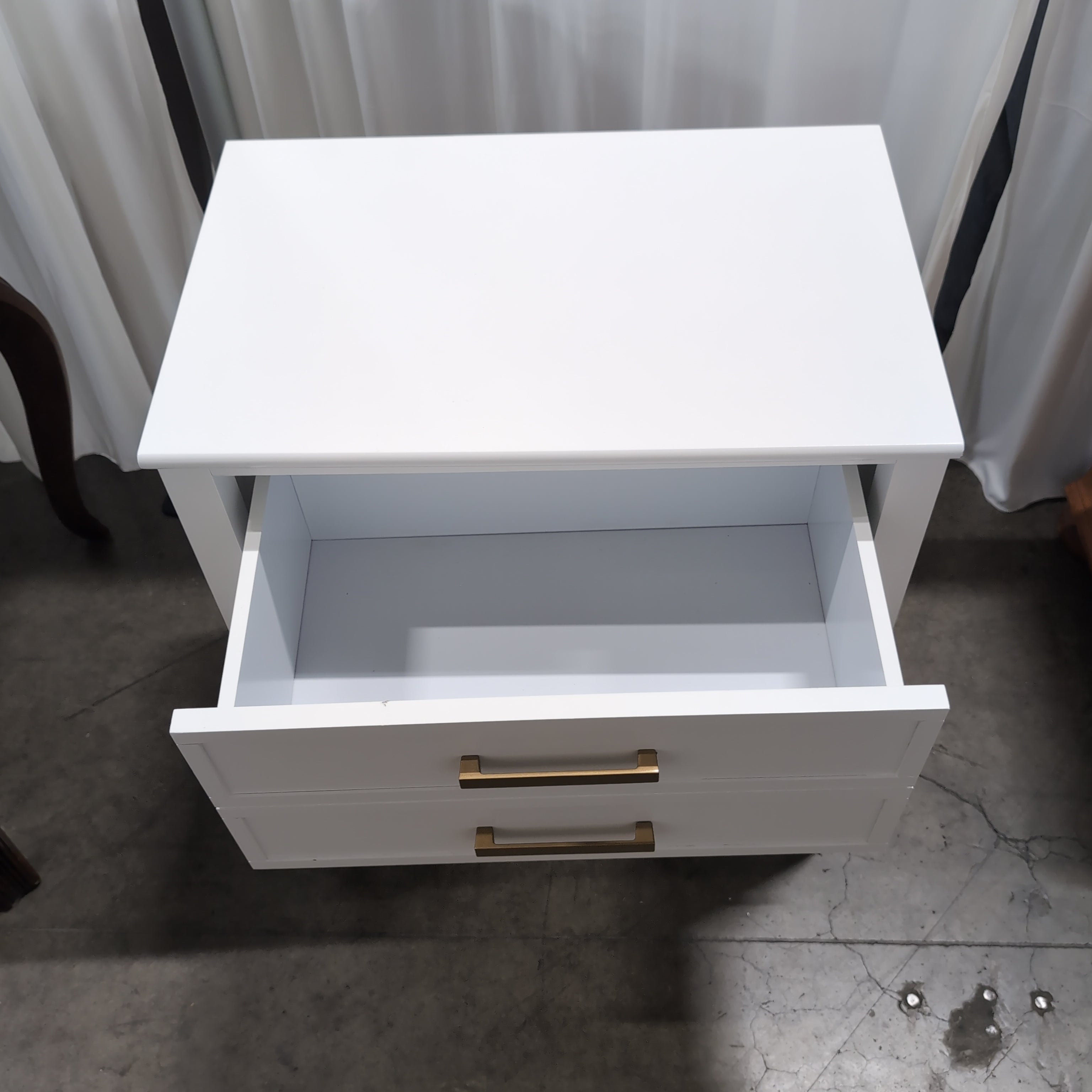 White Two-Drawer Nightstand with Bronze Hardware
