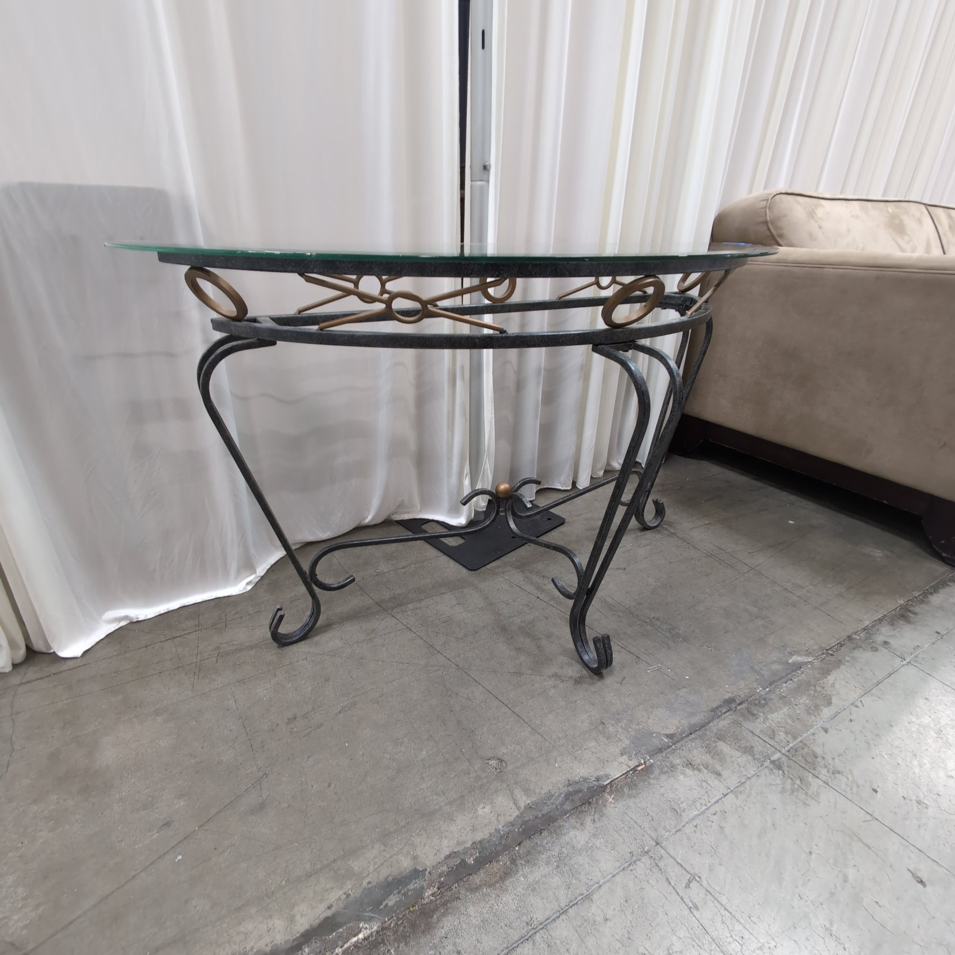 Ornate Black Metal Console Table with Glass Top
