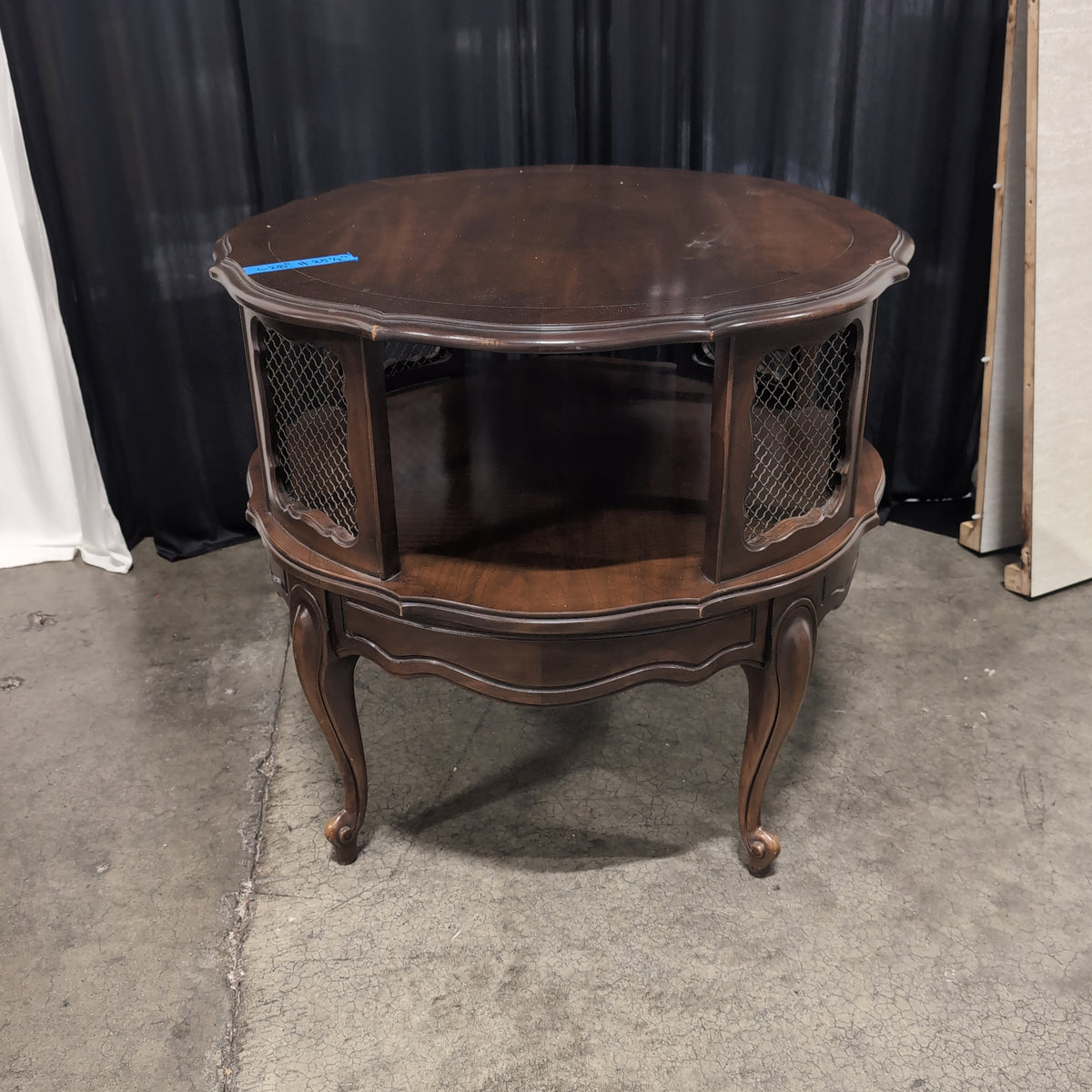 Traditional Style Two-Tiered Round End Table with Metal Mesh Panel