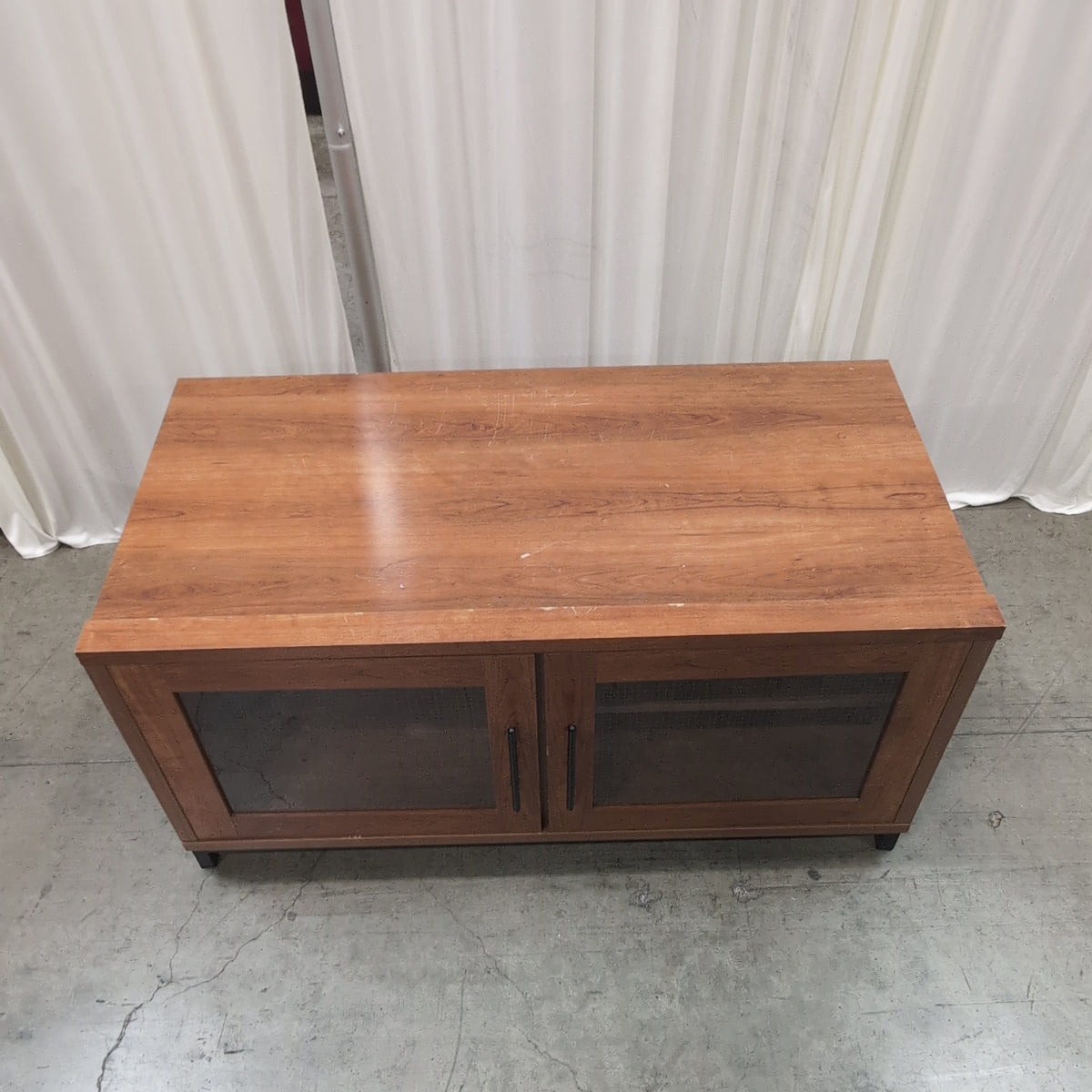 Rustic Industrial Wood-Look Two-Door TV Stand with Mesh Panels