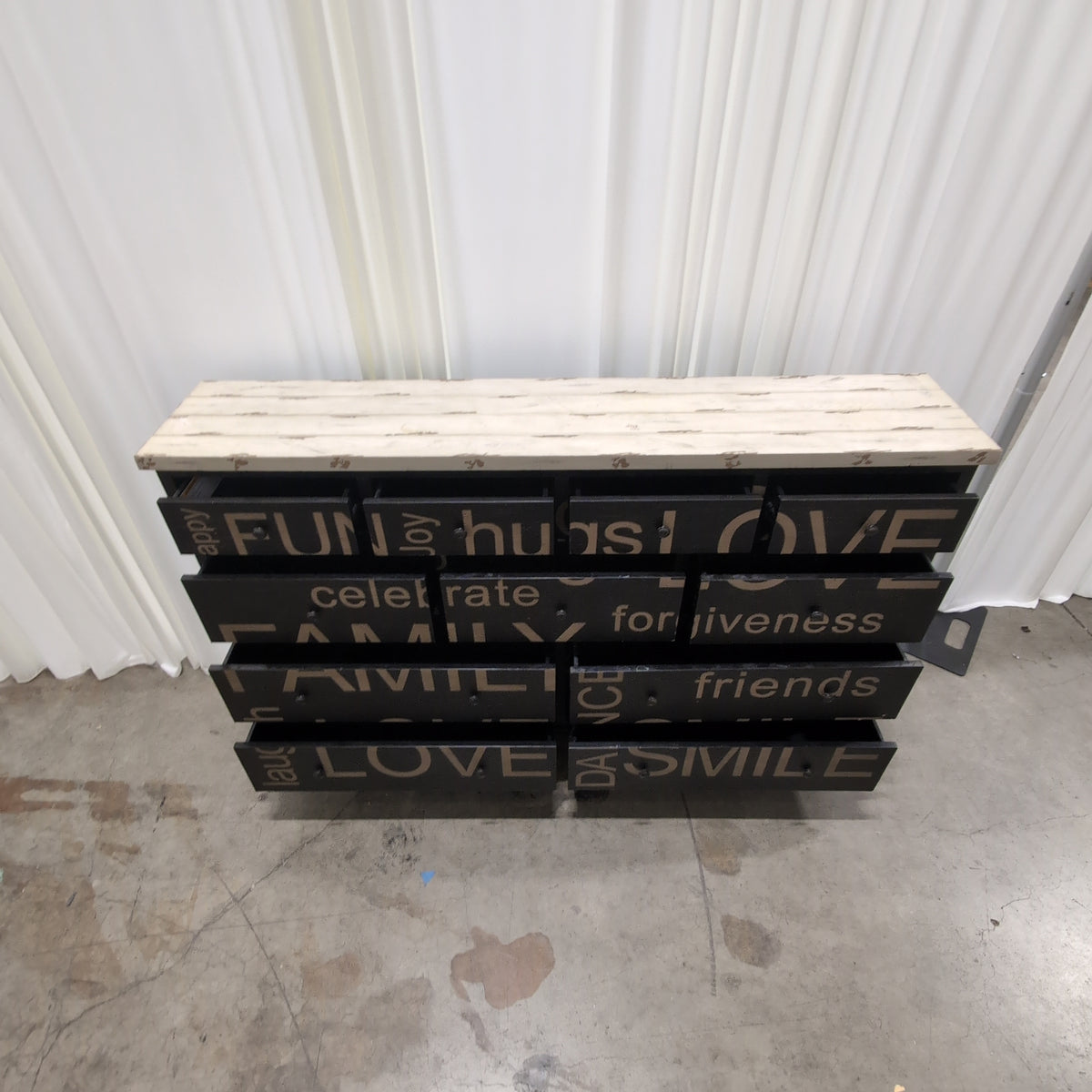 Rustic Black Wood Dresser with Stenciled Words