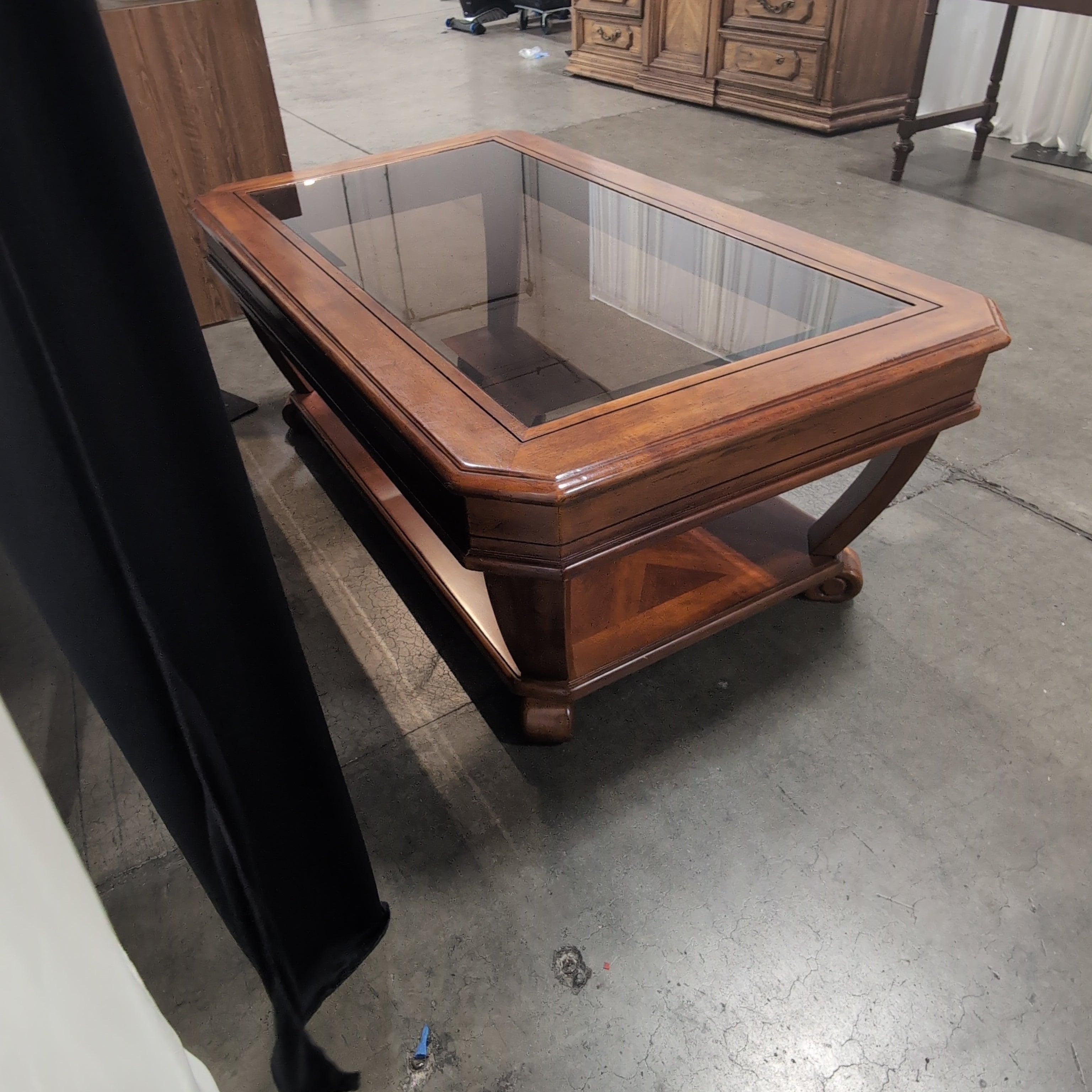 Traditional Reddish-Brown Wood Coffee Table with Glass Top