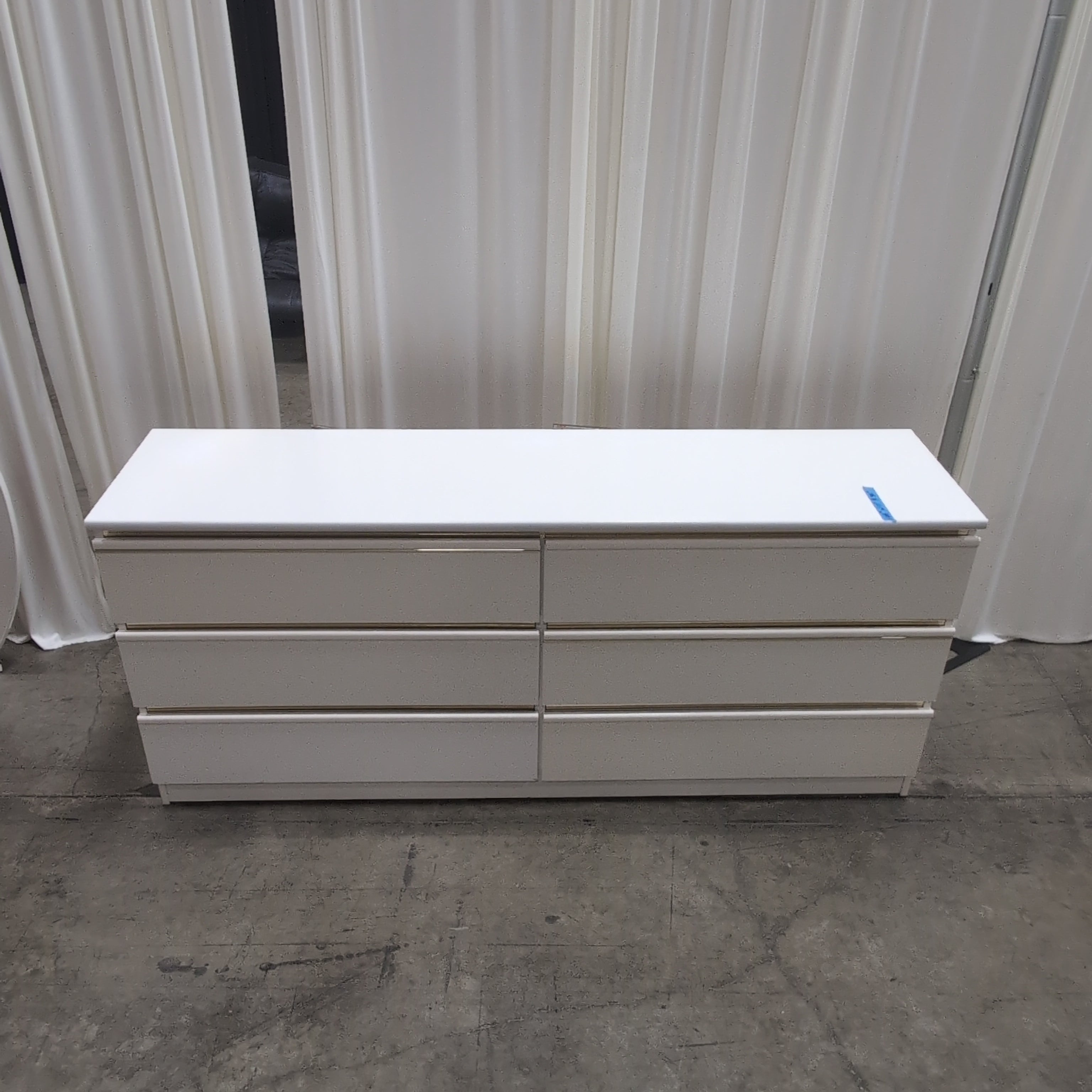 Vintage White Lacquer Six-Drawer Dresser with Round Mirror