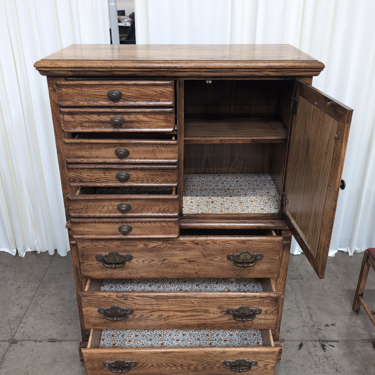Oak Wood Dresser with Stained Glass Cabinet