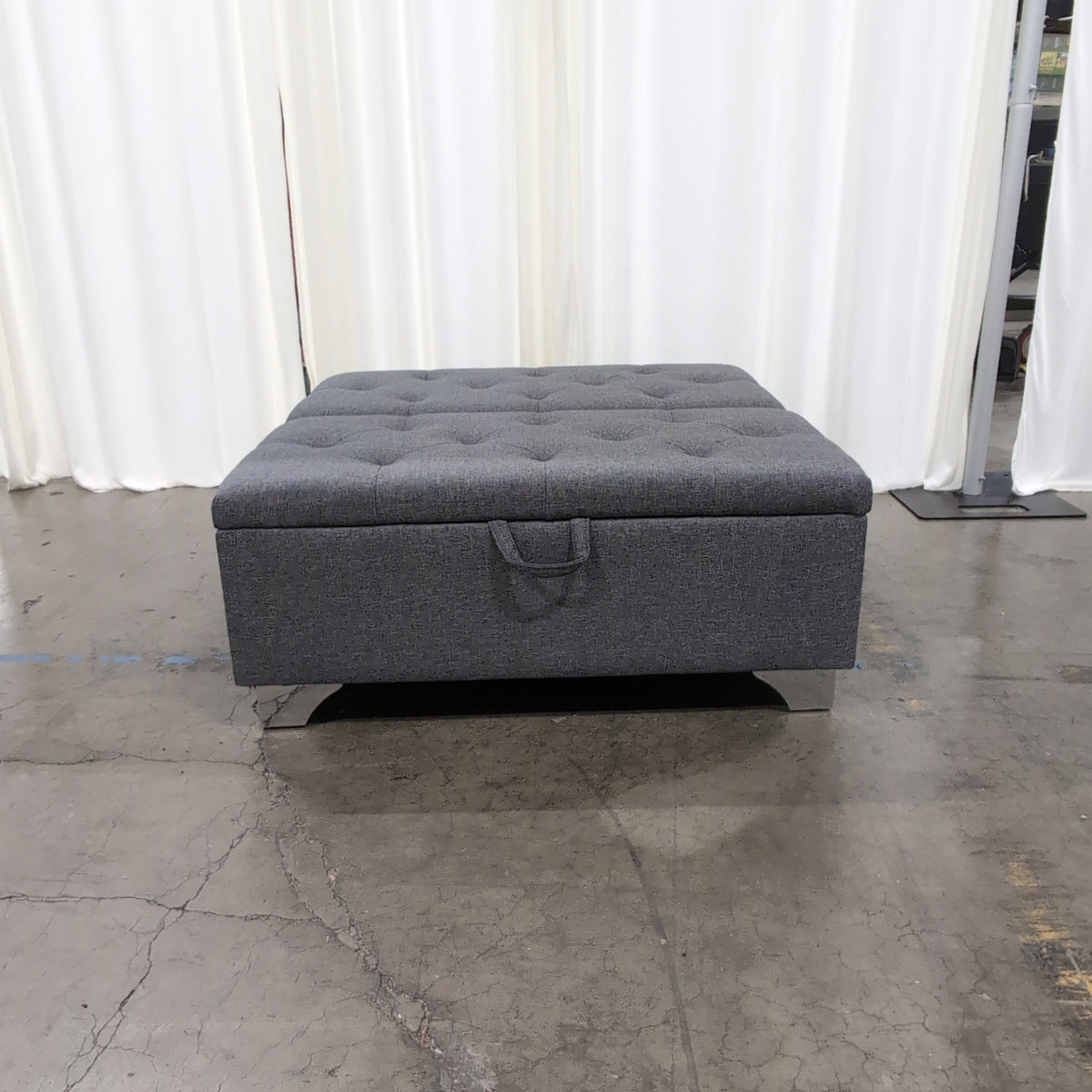Gray Fabric Tufted Storage Ottoman with Metal Base