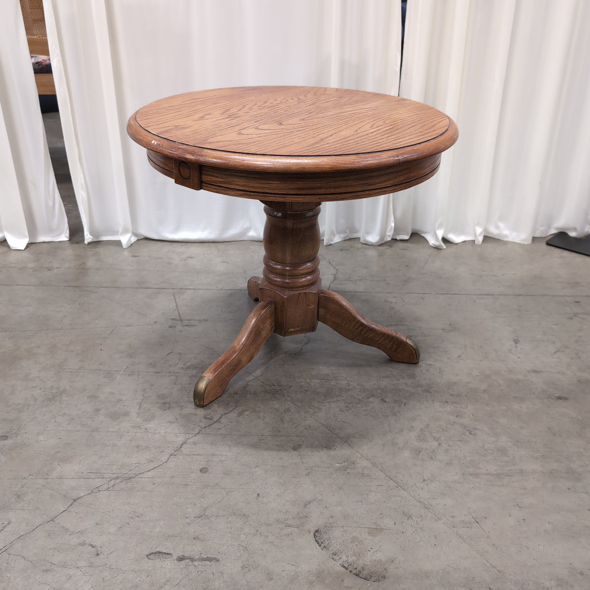Round Brown Wood End Table with Pedestal Base