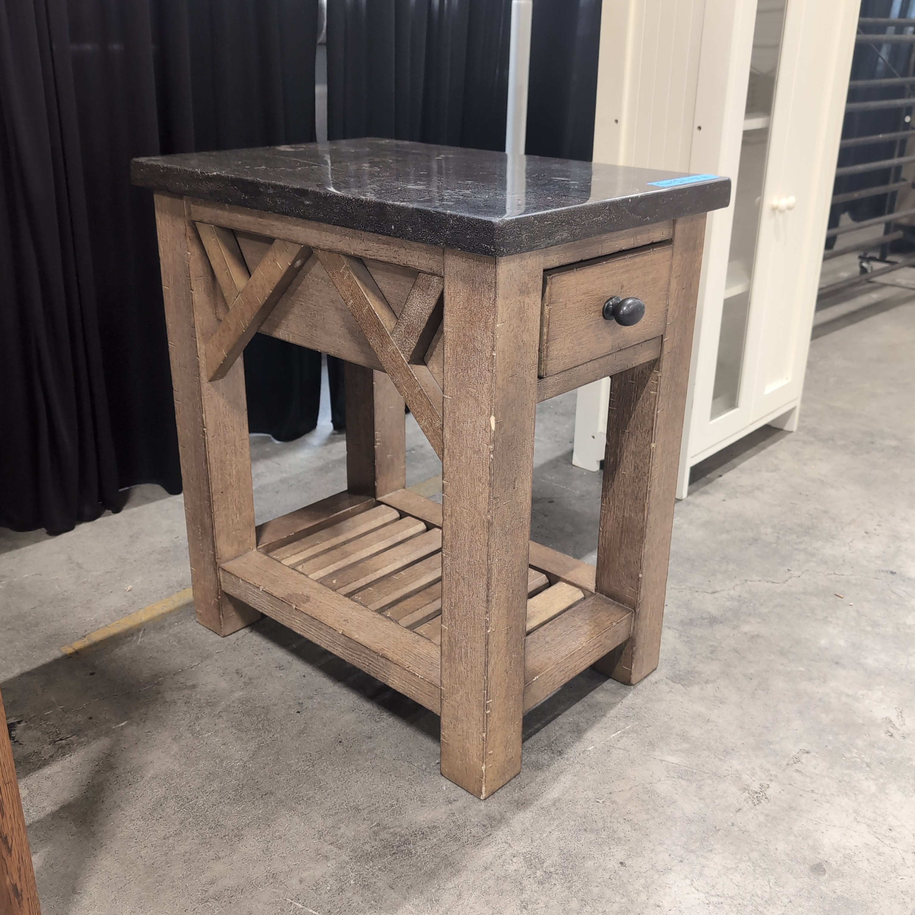Natural Wood End Table with Dark Stone Top
