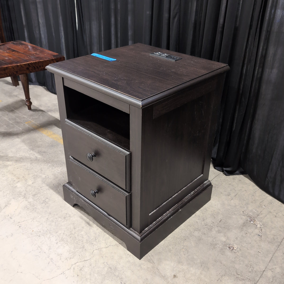 Dark Wood Two-Drawer Nightstand with Open Shelf