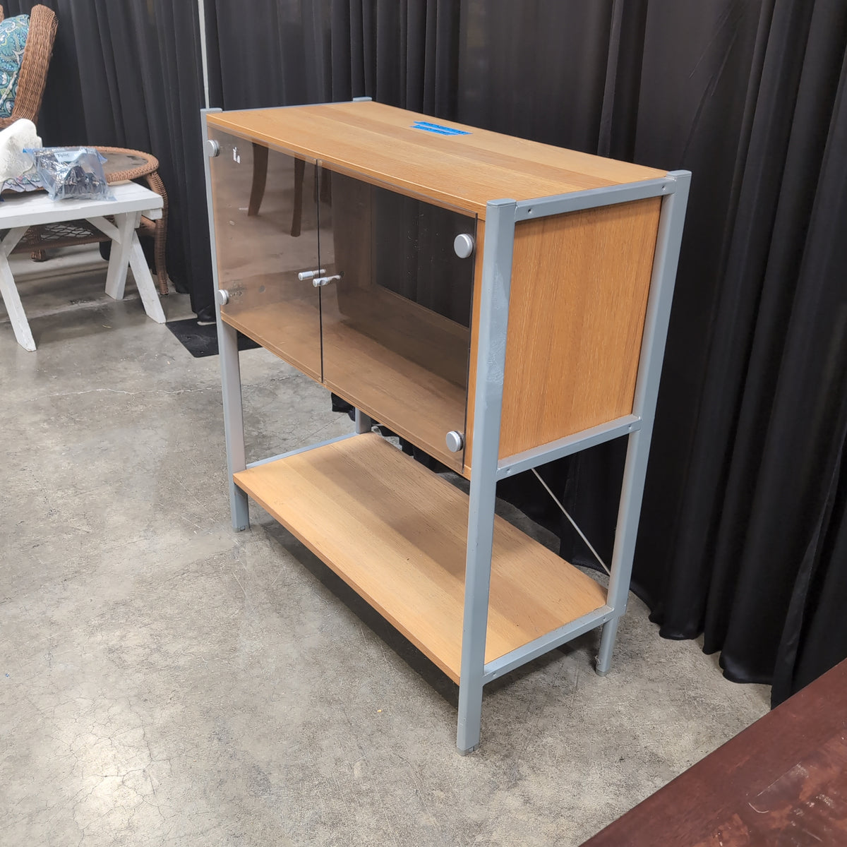 Light Wood and Silver Metal Cabinet with Glass Doors
