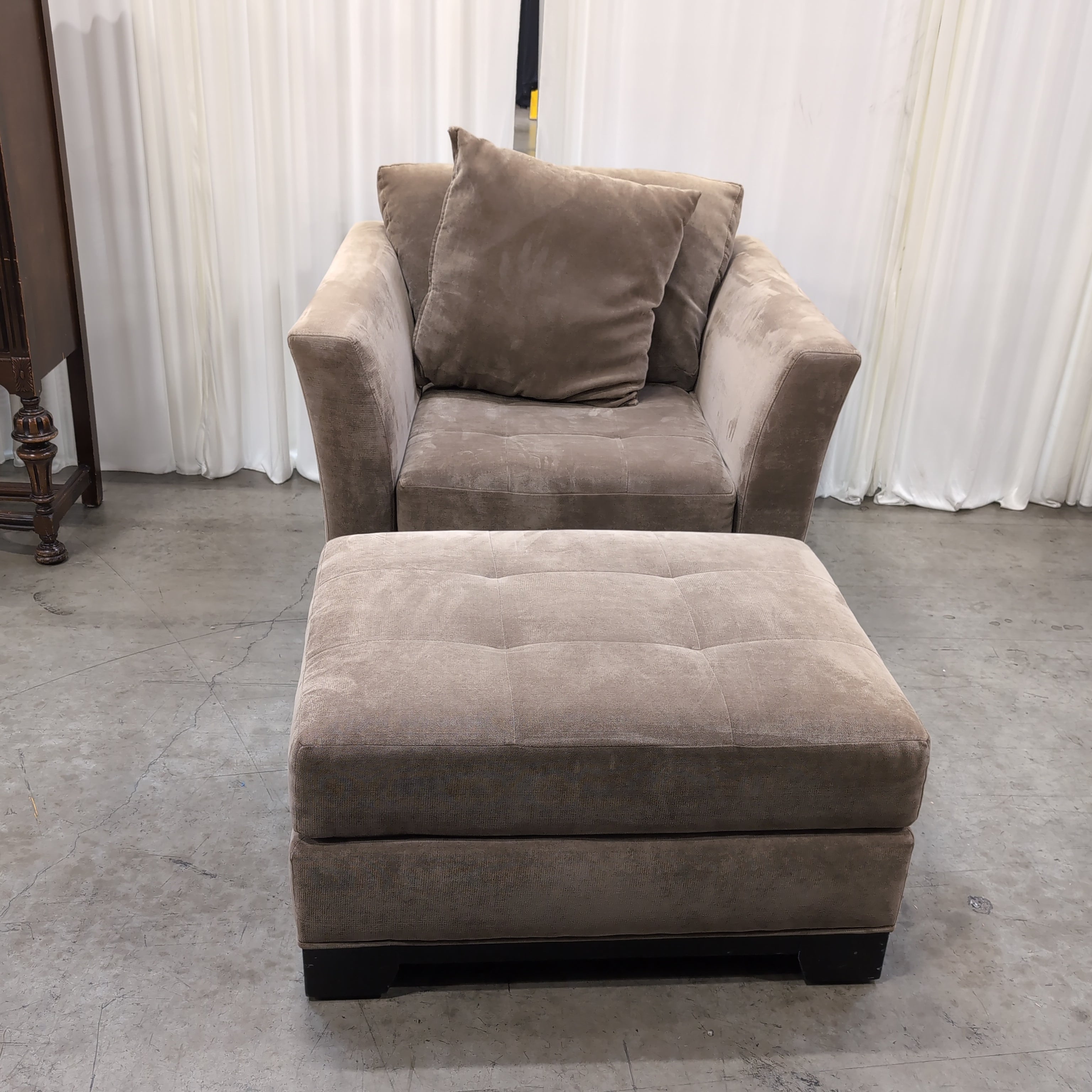 Plush Taupe Velvet Armchair with Matching Ottoman