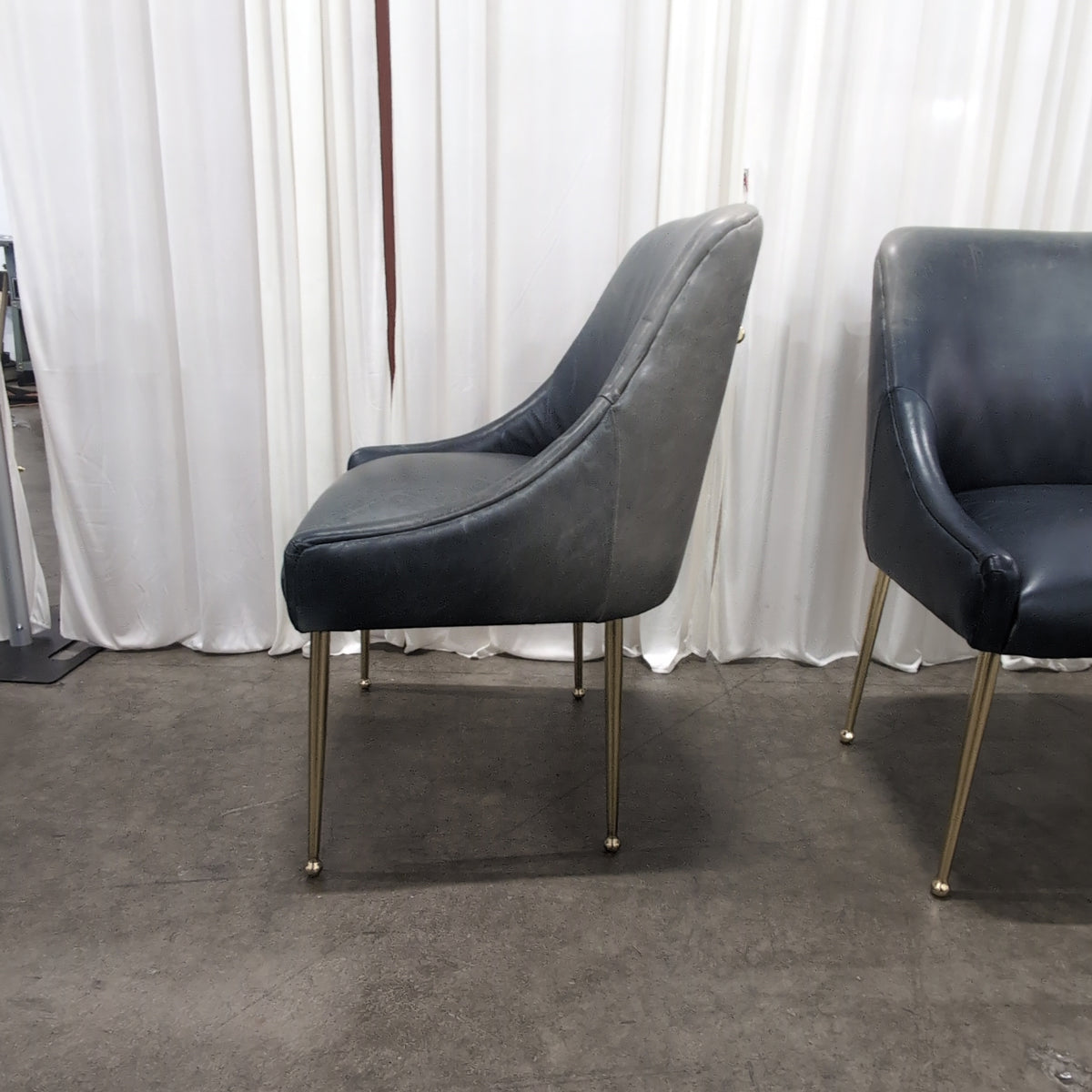 Set of Four Antropologie Dark Blue Upholstered Dining Chair with Gold Legs