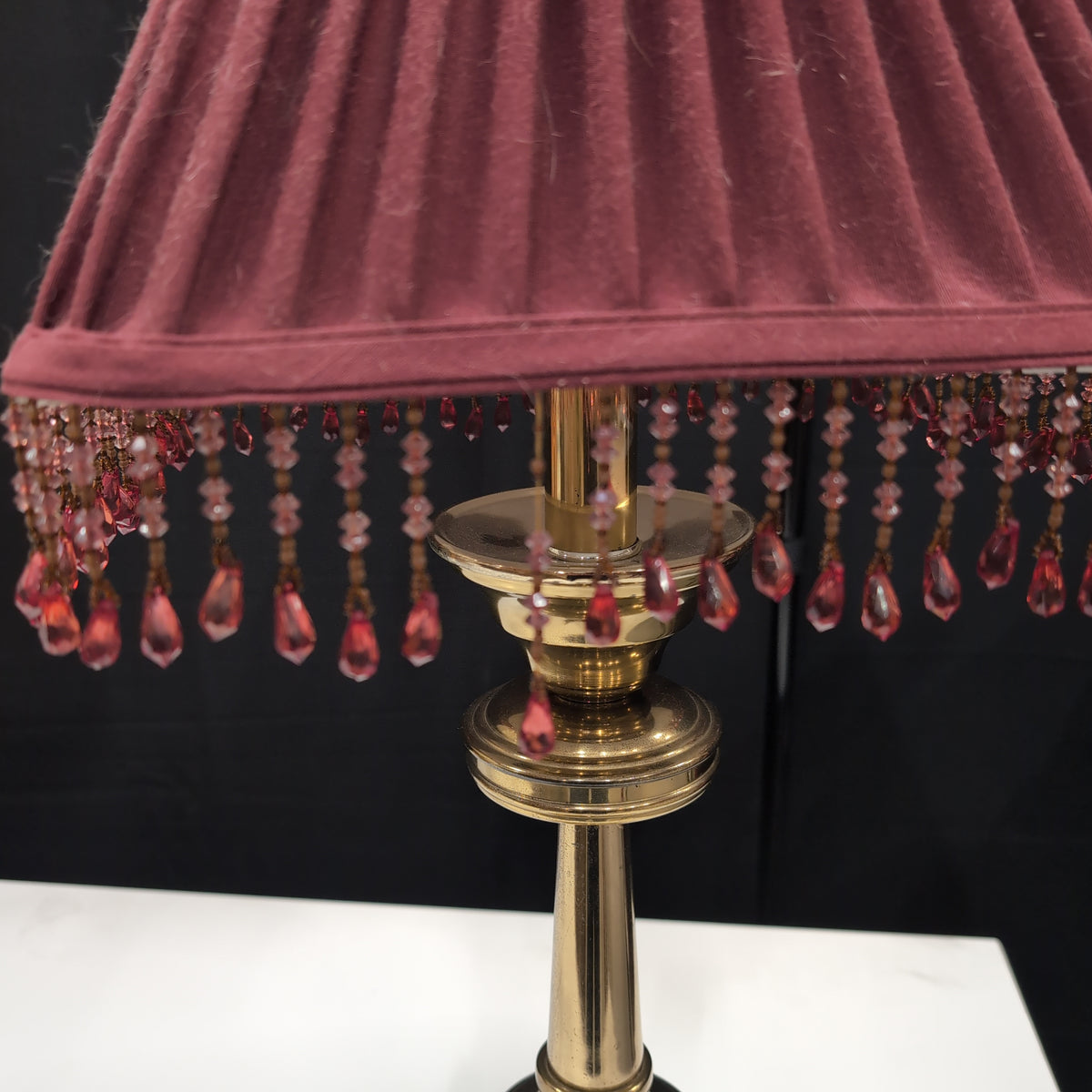 Ornate Brass Table Lamp with Pleated Burgundy Shade