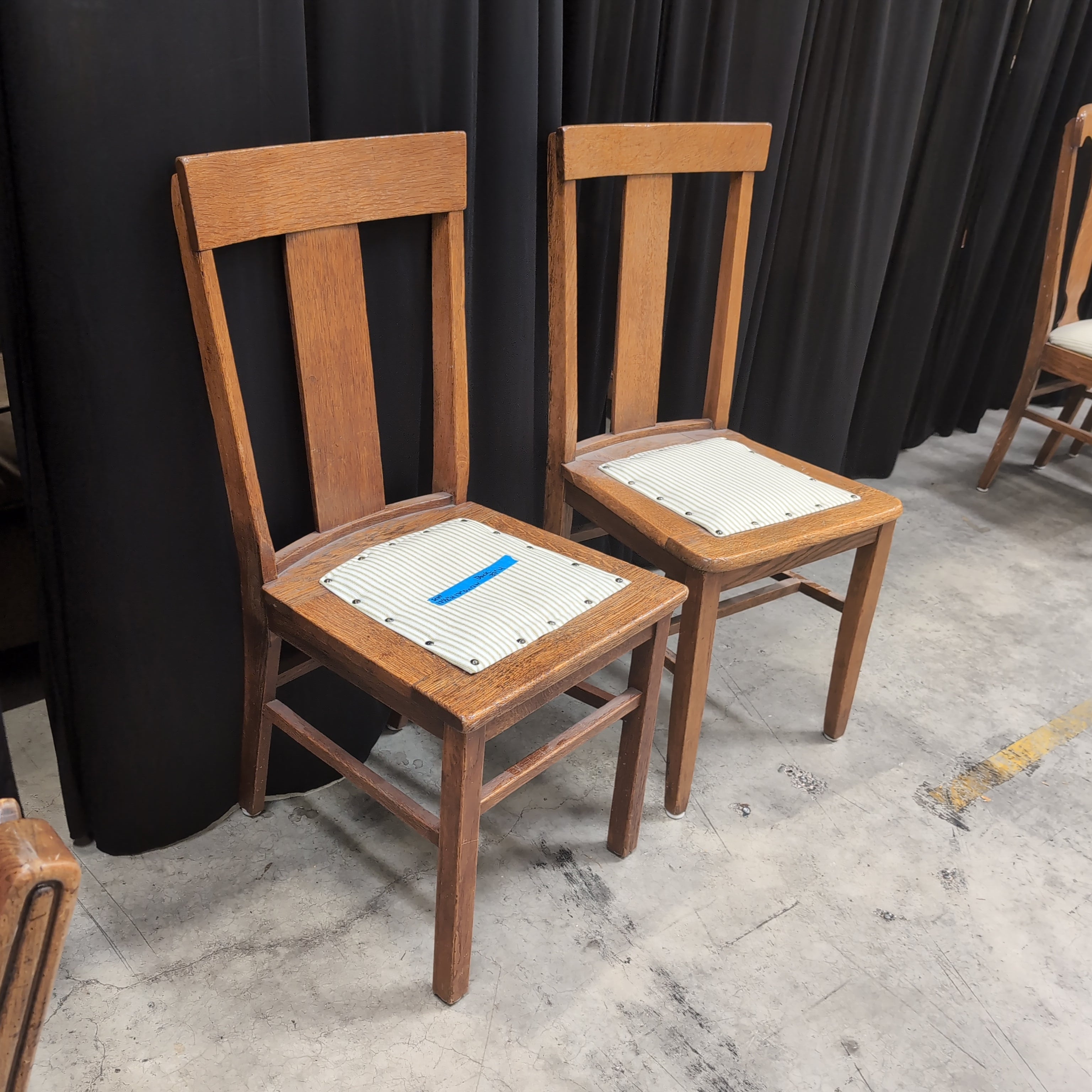 Pair of Oak T-Back Dining Chair with Striped Upholstery