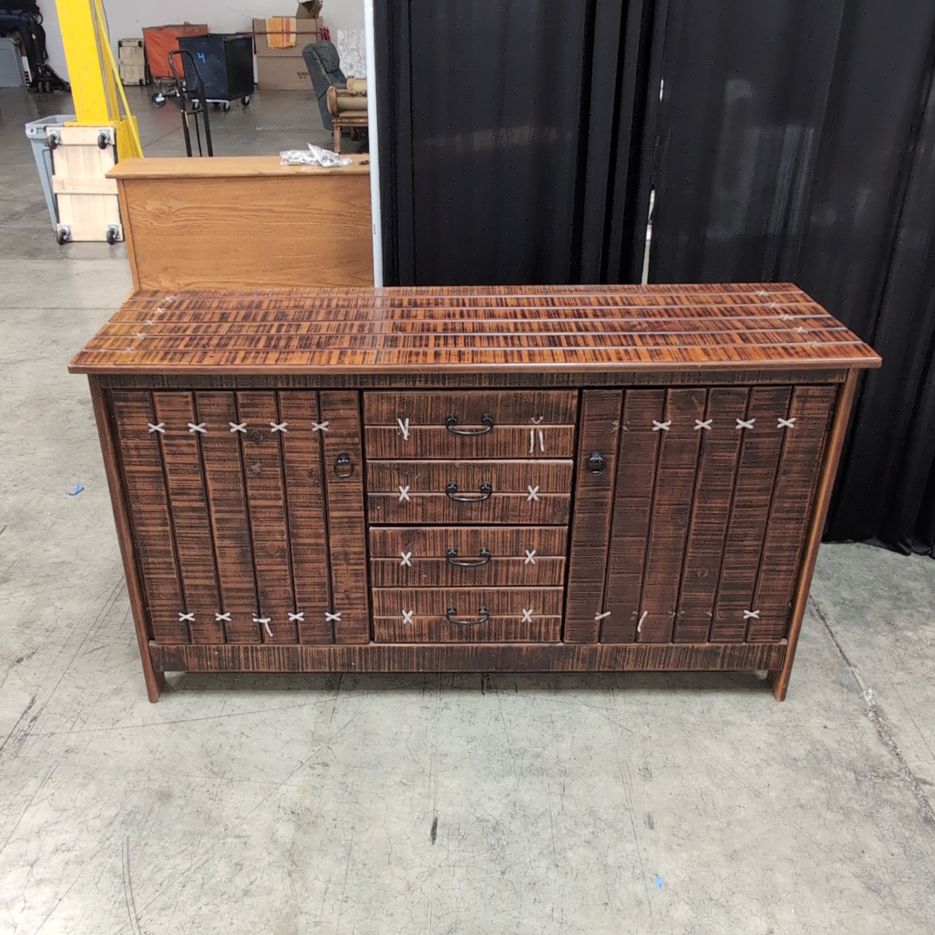 Rustic Dark Wood Buffet with X-Stitched Detail Doors