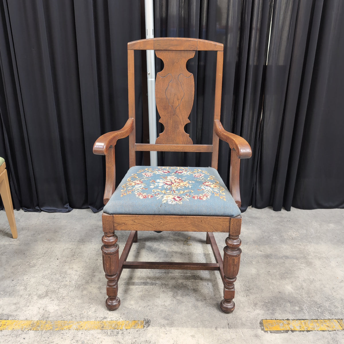 Traditional Carved Wood Armchair with Needlepoint Seat